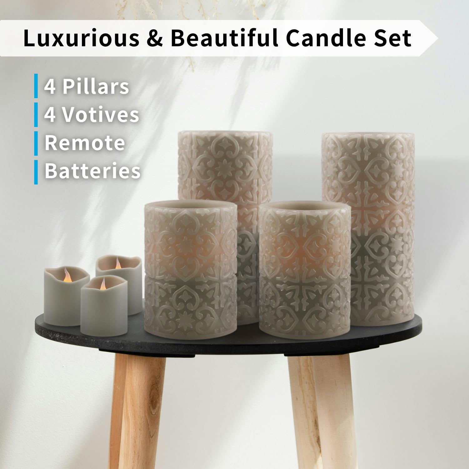 Furora Lighting Grey Rome Real Wax Led Candles With Remote And Timer, 4 Pillar And 4 Votives Pack Of 8, Flameless Flickering Can