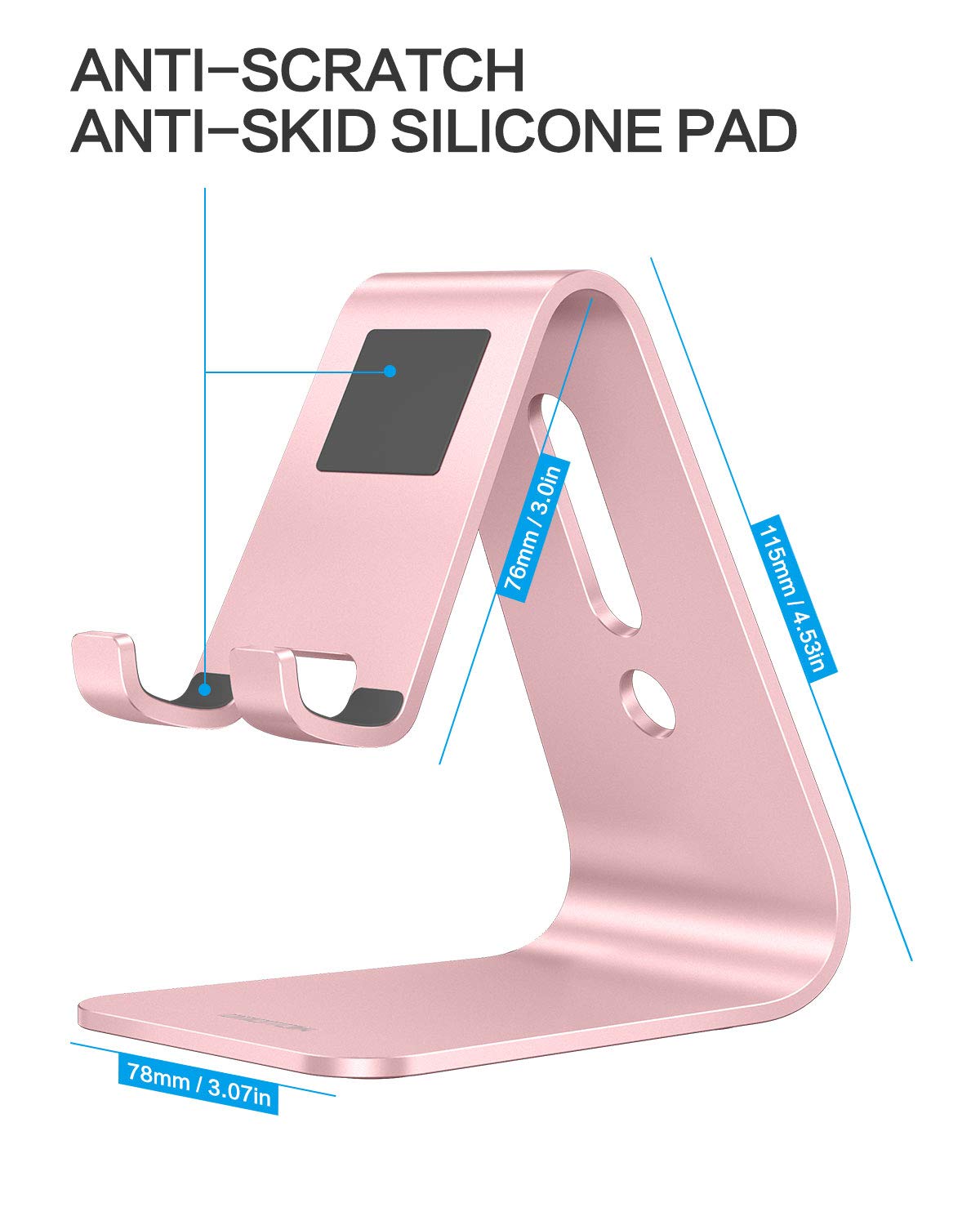 Omoton Upgraded Aluminum Cell Phone Stand For Desk, C1 Durable Cellphone Dock With Protective Pads, Smart Stand Designed For Iphone16, 15/14/13/12 Pro Max Xr Xs, Ipad Mini, Android Phones,Rose Gold