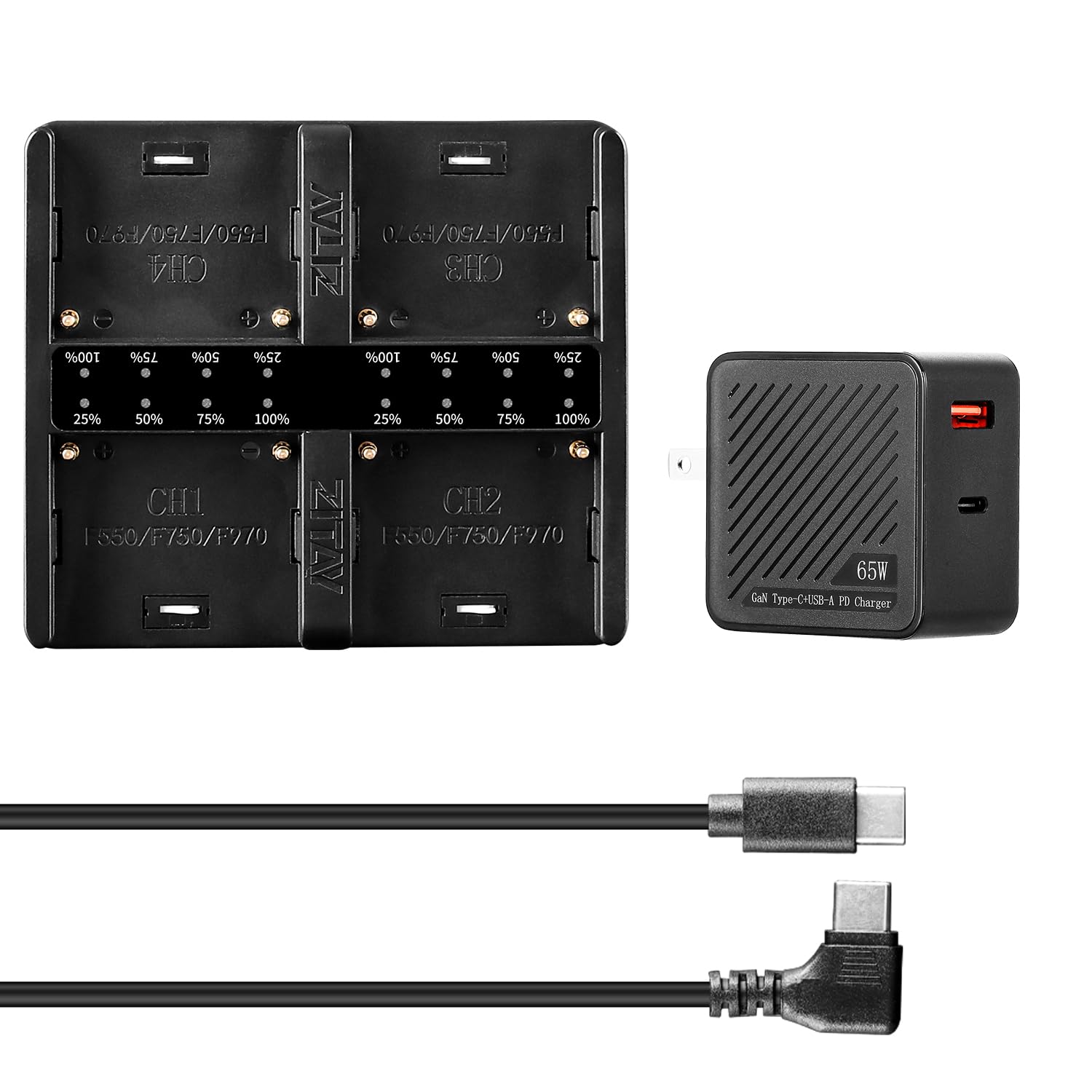 Zitay 4 Channel Usb C Fast Charging Station With Pd 65W Quick Charger Adapter Kit For Sony Np F550, Np F750, Np F770, Np F970 Ba