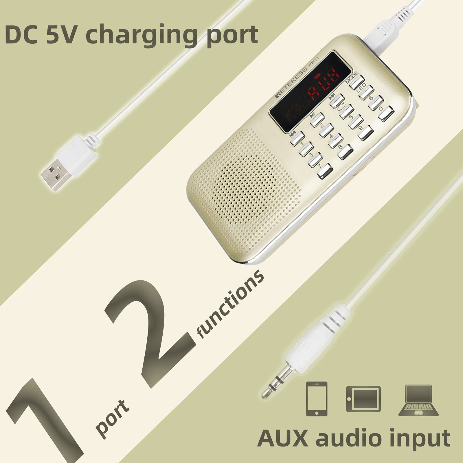 Retekess Pr11 Am Fm Radio Portable, Rechargeable Transistor Radios Small, With Headphone Jack Mp3 Music Player Speaker Support Micro Sd Card For Outdoor (Gold)