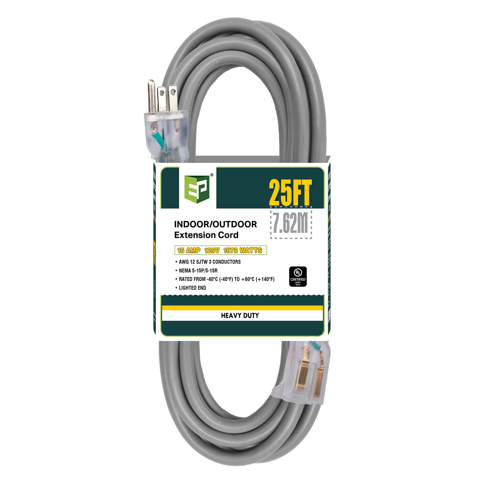 Ep 25 Ft Lighted Outdoor Extension Cord   12/3 Sjtw Heavy Duty Grey Extension Cable With 3 Prong Grounded Plug   Power Cord For