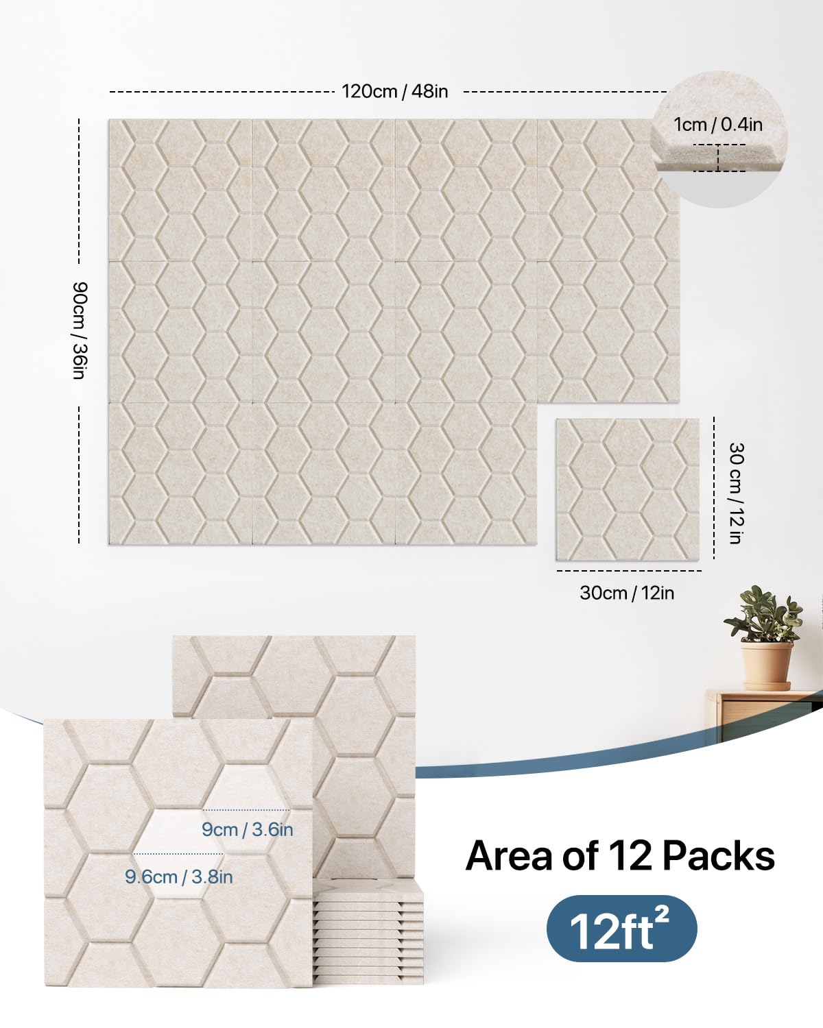 Sound Proof Foam Panels For Walls, Kuchoow Acoustic Panels Sound Absorbing, 12 Pack High Density Soundproof Wall Panels Self Adh