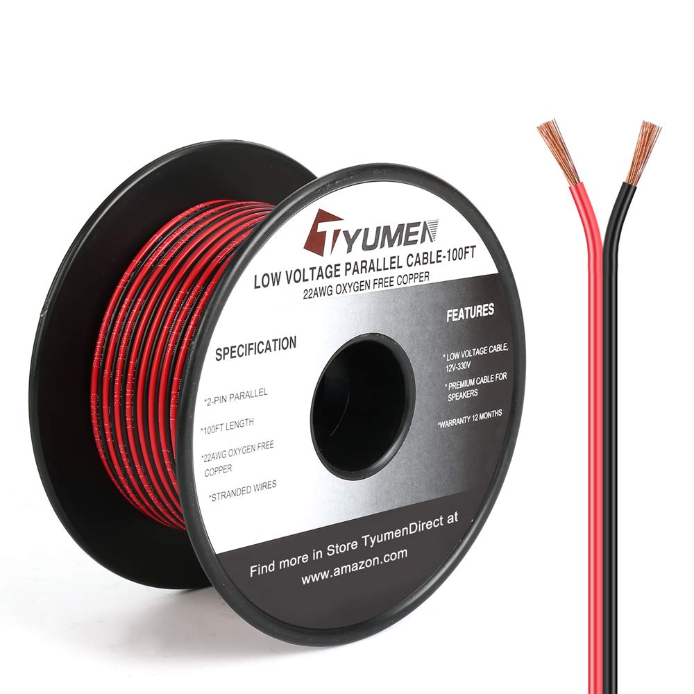 Tyumen 100Ft 22 Gauge 2Pin 2 Color Red Black Cable Hookup Electrical Wire Led Strips Extension Wire, 22Awg Ofc 12V/24V Dc Extens