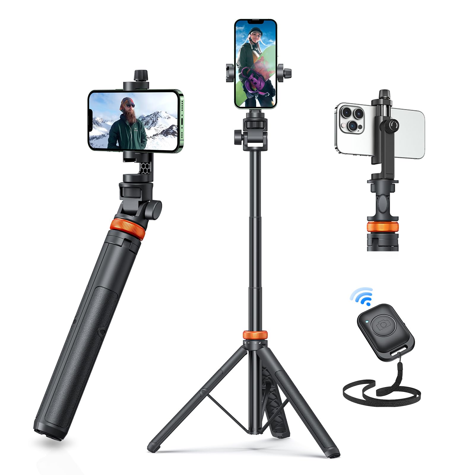 EUCOS 62 Phone Tripod - Extendable Selfie Stick with Remote, Compatible with iPhone/Android, Inferno Mix Carbon Black