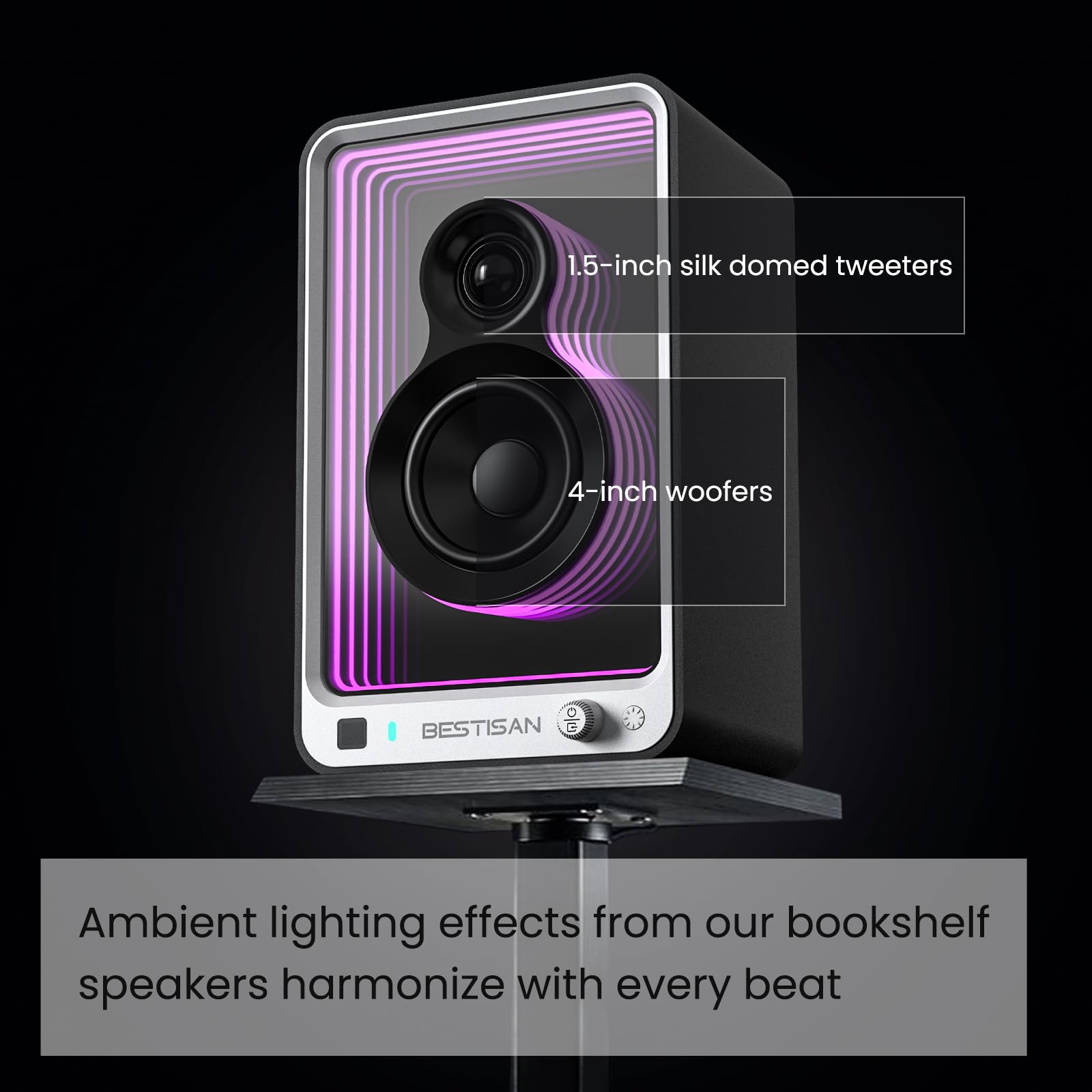 Bestisan Sr15 Bluetooth Bookshelf Speakers, Active Stereo Speakers For Tv/Record Player With Subwoofer Out And Light Effects, Tu