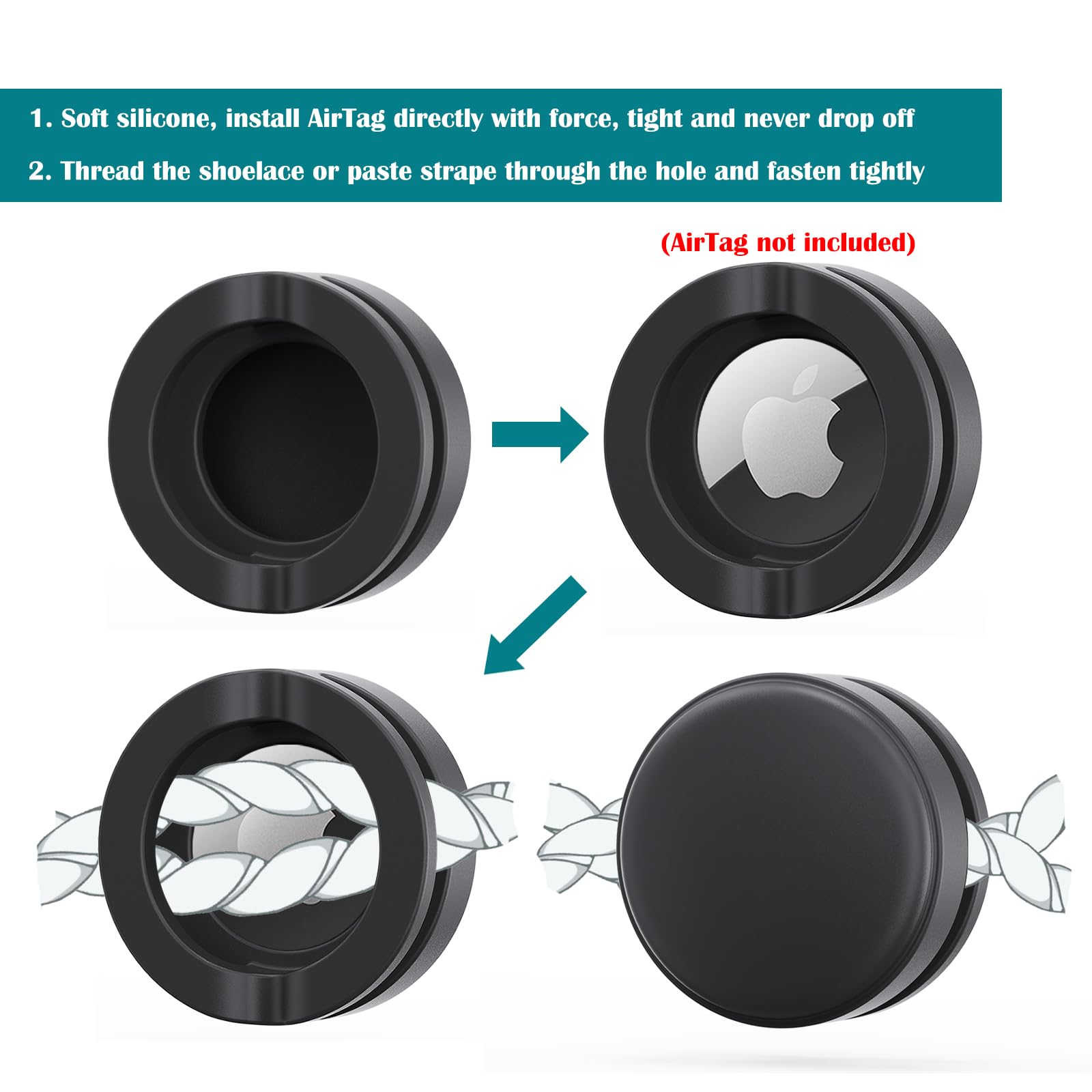 2 Pack Airtag Holder For Kids Shoelaces, Hidden Silicone Air Tag Case Holder For Children Shoes Shoestring (Black, White)