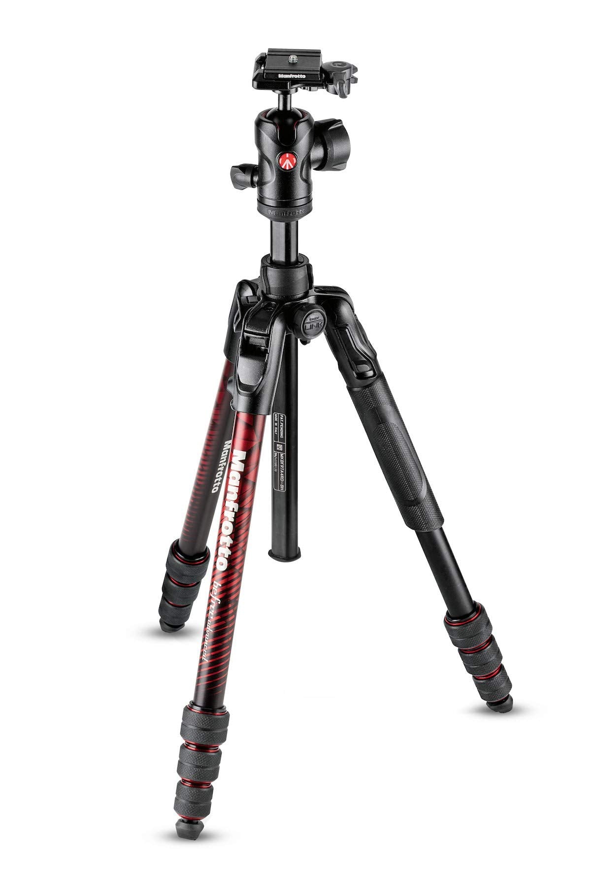 Vietech Imaging Manfrotto Tripod, Befree Advanced Aluminum, 4-Level Freehead Twist Lock T-Tripod Kit, Red MKBFRTA4RD-BH