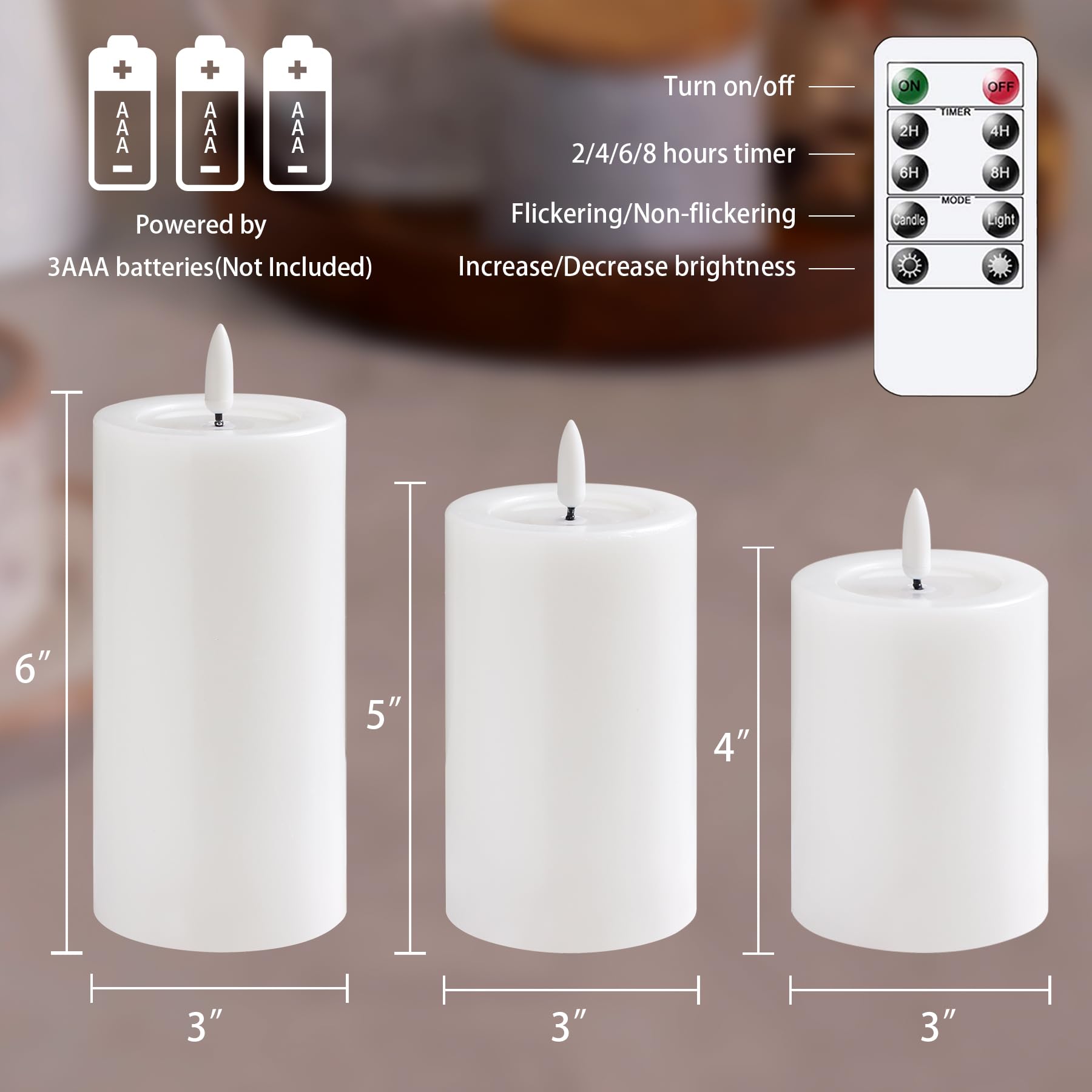 Yeelida Remote Flameless Flickering Pillar Candles With Candle Grease Effect,Pack Of 3 White Led Battery Oprated 2/4/6/8 Hours T