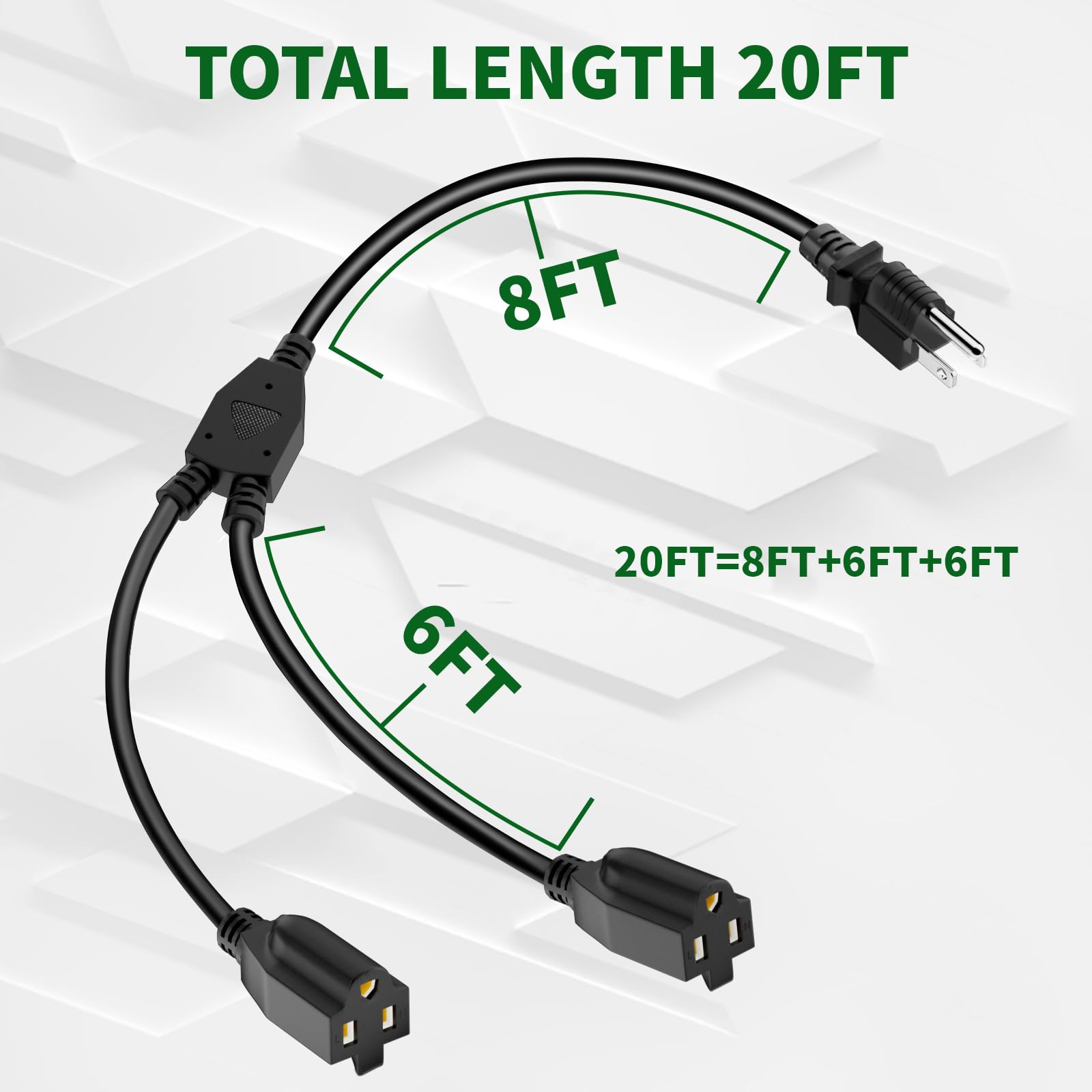 2 Way Power Extension Cord Splitter 20 Ft Total (8+6+6) 3 Prong 1 To 2 Extension Cord Cable Y Splitter Outlet Adatper Sjtw Outdo