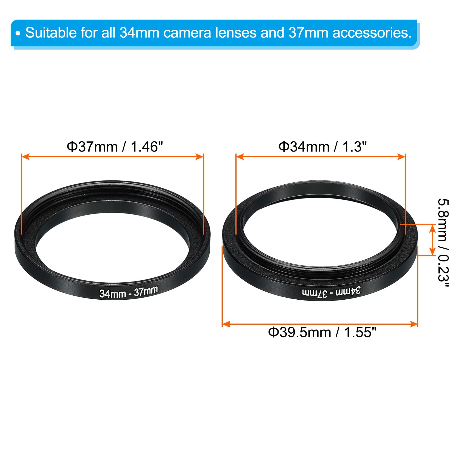 Patikil 34Mm 37Mm Metal Step Up Ring, Camera Lens Filter Adapter Ring Aluminum Filter Adapter Ring For Camera Lenses Hood, Black