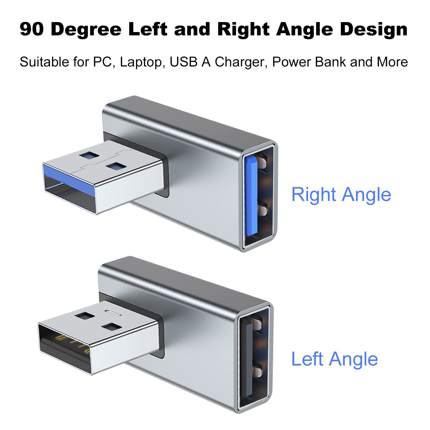 Areme 90 Degree Usb 3.0 Adapter 2 Pack, Left And Right Angle Usb A Male To Female Converter Extender For Pc, Laptop, Usb A Charger, Power Bank And More (Grey)