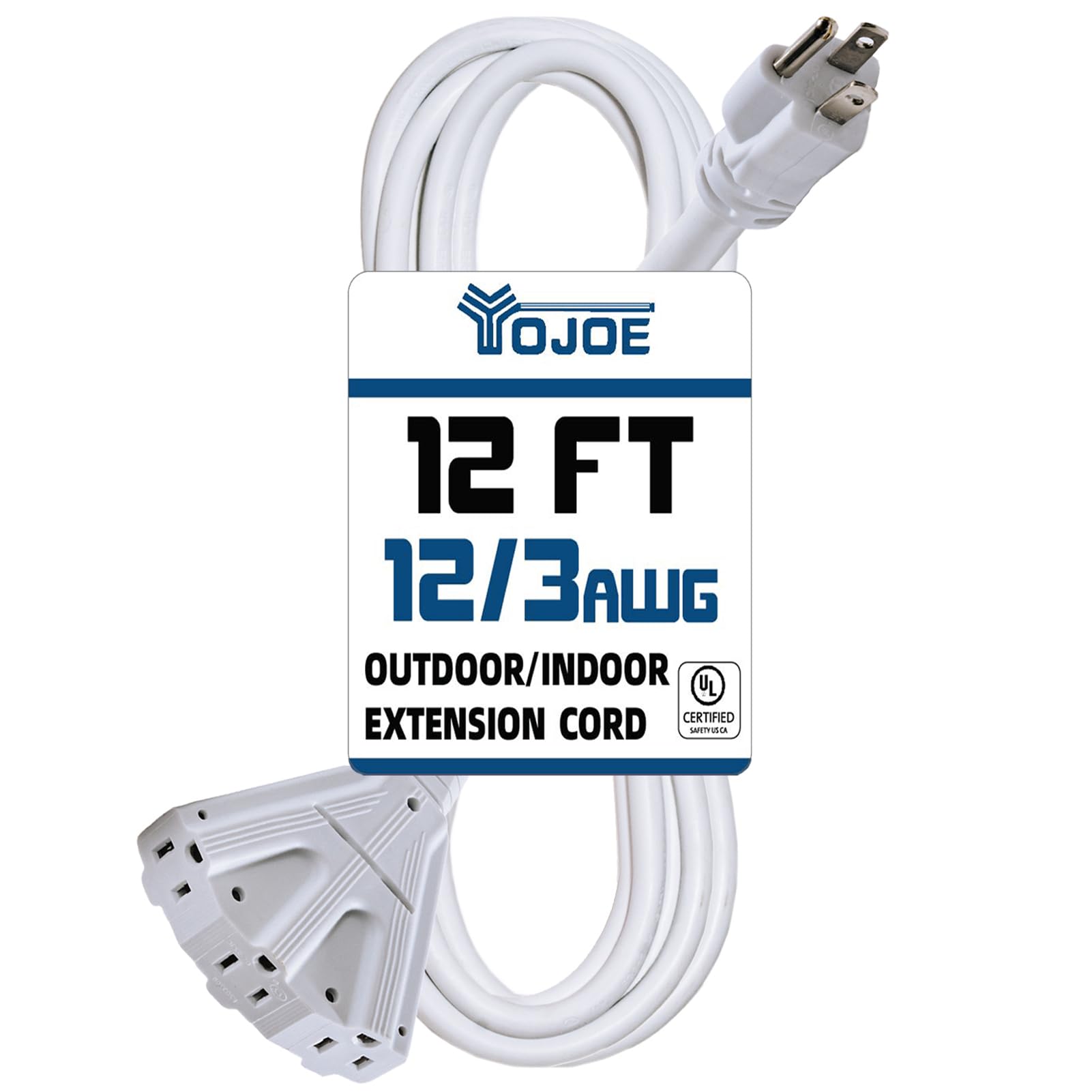 Yojoe 3 Outlets Indoor Outdoor Extension Cord, 3 Prong 15A Weatherproof Power Cord Multiple Outlets, 12 Gauge Heavy Duty 12 Ft W