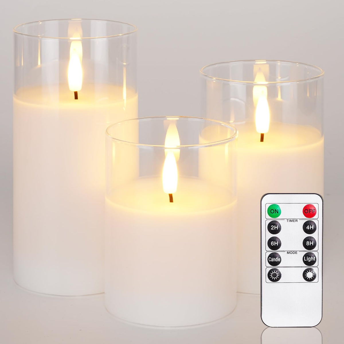 Homemory Clear Glass Flameless Candles, Pure White Wax Battery Operated Candles, Led Pillar Candles With Remote Control And Time