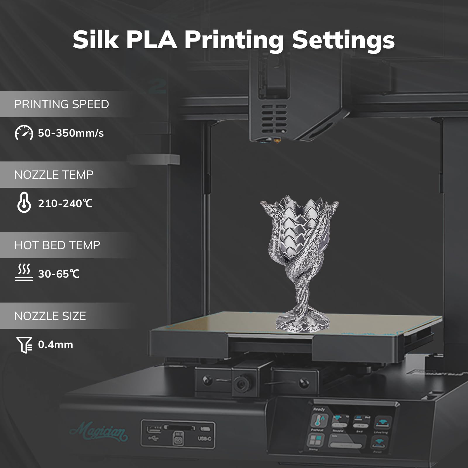 Amolen Silk Pla Filament 1.75Mm 3D Printer Filaments, Shiny Silver Grey Filament For 3D Printing, 1Kg(2.2Lbs) Spool, Compatible