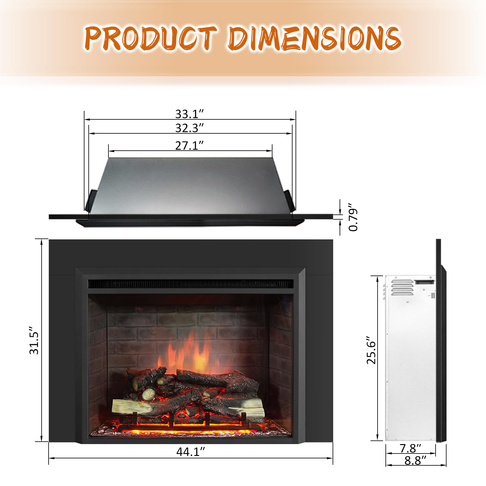 Puraflame Western 33'' Electric Fireplace Insert With Trim Kit, Fire Crackling Sound, Resin Log, Remote Control, 750/1500W Heate