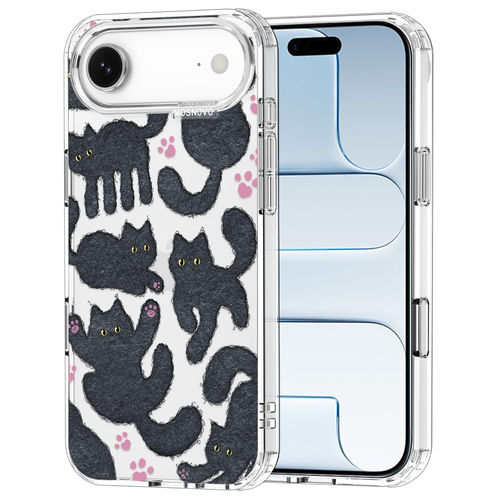 MOSNOVO for iPhone Air Case | Military Grade 6.6ft Drop Tested | Camera Control | Clear with Black Fluffy Cat Design