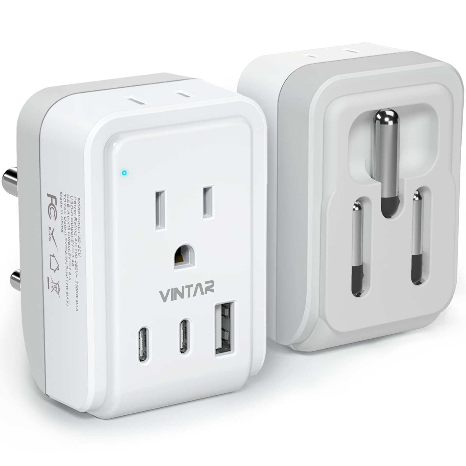 1 Pack Us To India Plug Adapter, Vintar Foldable India Power Adapter With 2 Outlets And 3 Usb Ports(2 Usb C), 5 In 1 Type D Plug