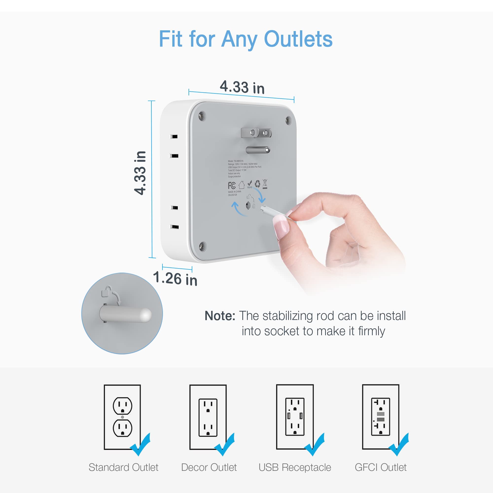 Multi Plug Outlet Extender, Tessan Multiple Outlet Splitter With 4 Usb Wall Charger, Widely Spaced 8 Electrical Plug Expander Su