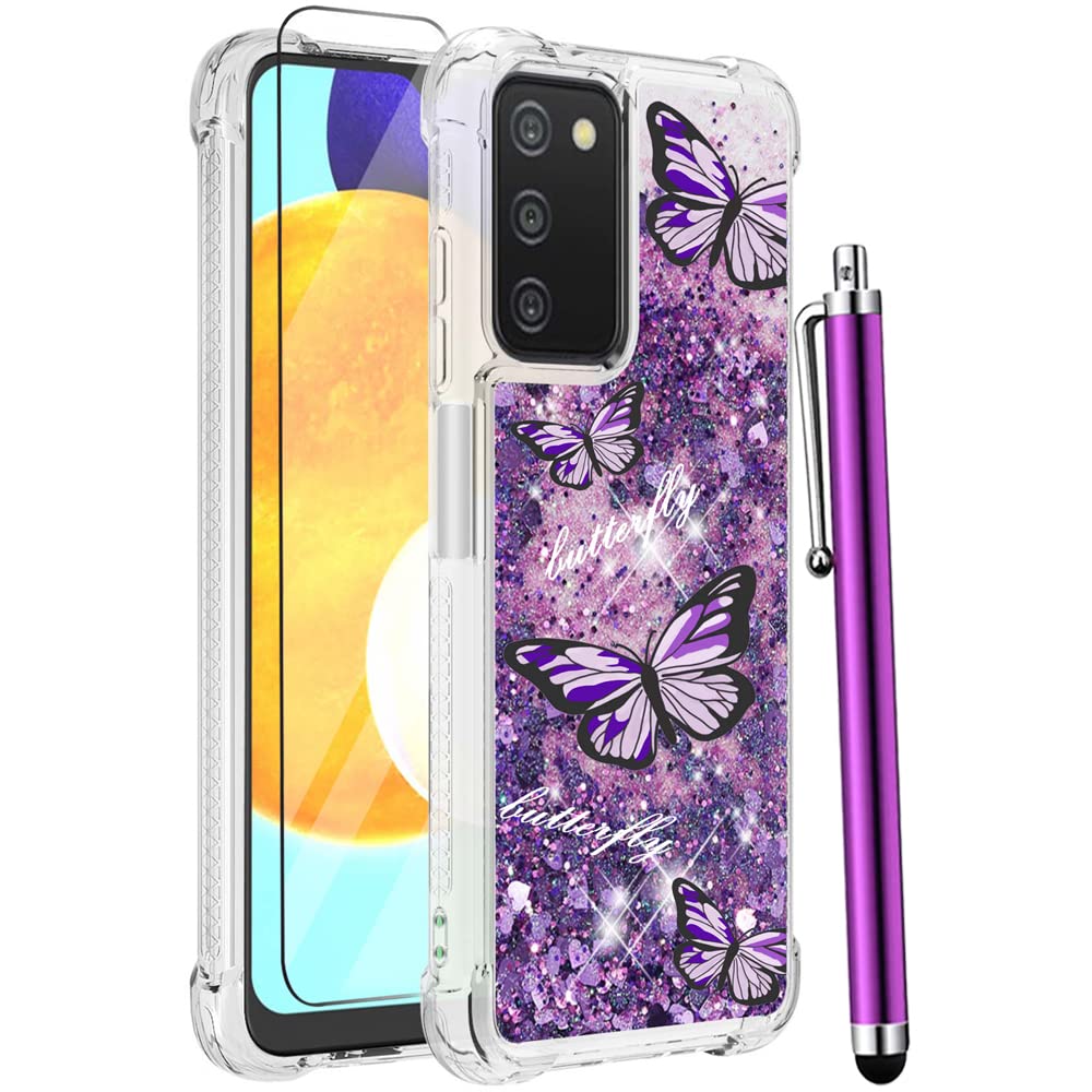 Caiyunl For Samsung Galaxy A03S Case With Glass Screen Protector,Women Girls Glitter Bling Floating Liquid Sparkle Cute Soft Tpu