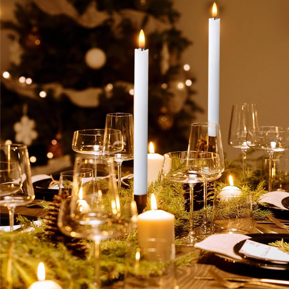 Wondise White Flameless Taper Candles With Timer, 6 Pack Battery Operated Led Flickering Real Wax Candle For Christmas Thanksgiv