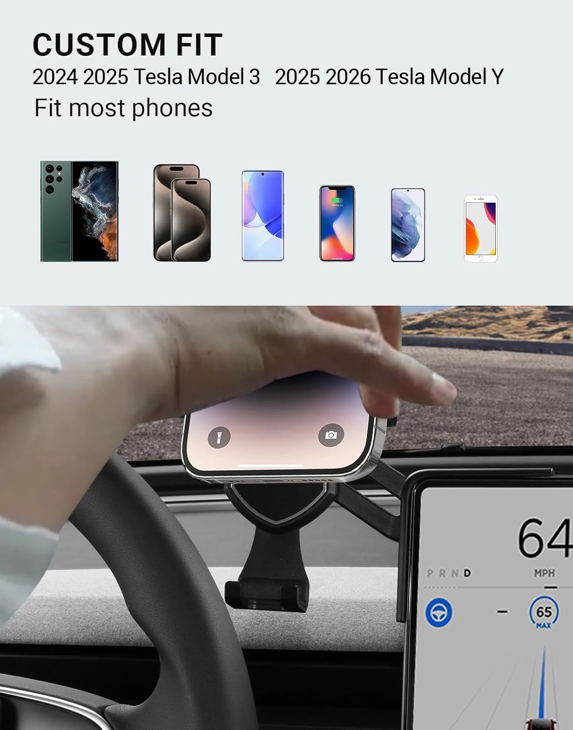 Basenor 2025 2026 Tesla Model 3 Y Phone Mount Holder Strong Adhesion 360 Adjustable Cell Phone Holder Stand Tesla Model 3 Highla