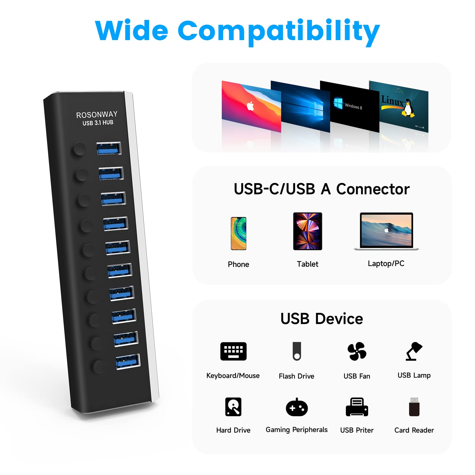 Powered Usb Hub, Rosonway 10 Port Usb 3.1/3.2 Gen 2 Hub 10Gbps With 36W (12V/3A) Power Adapter, Type A And Type C Cables, Alumin