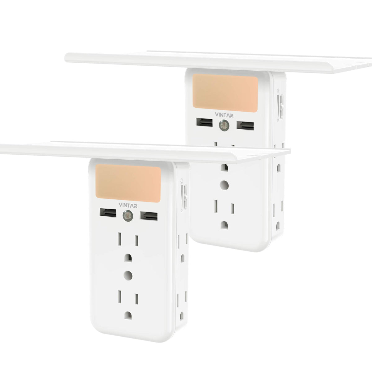 [2 Pack]Vintar Outlet Shelf Wall Outlet Extender With Built In Shelf, Multi Plug Outlet With Adjustable Night Light,6 Power Outl