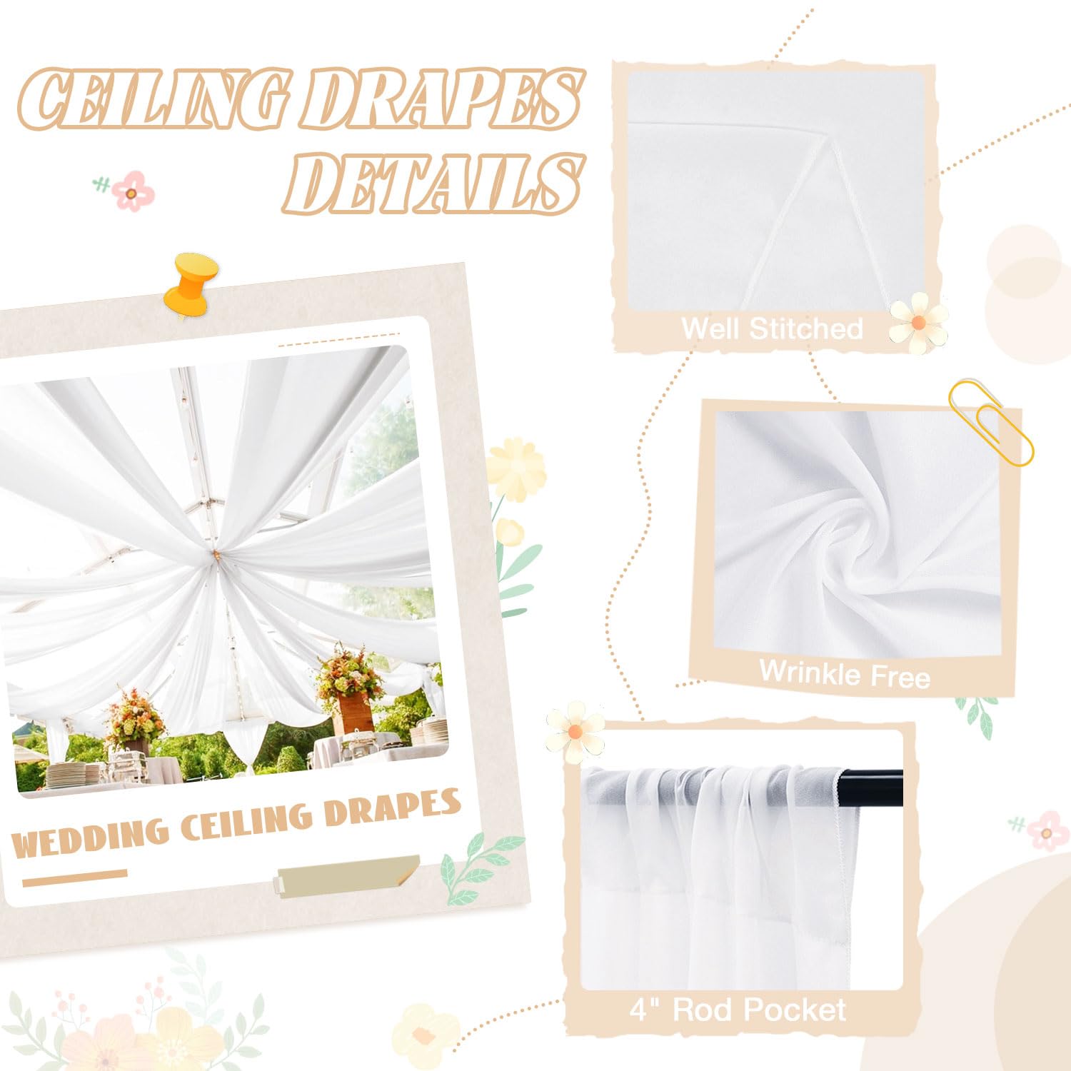 Fuhsy Ceiling Drapes For Parties White Wedding Arch Drapes 6 Panels 5Ftx10Ft Chiffon Fabric Wedding Drapery Tulle Sheer Curtains
