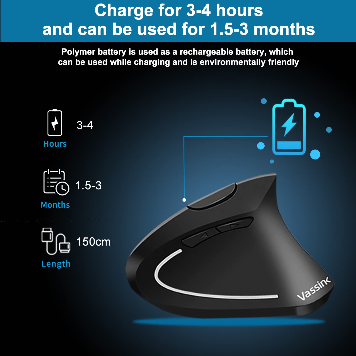 Vassink Wireless Mouse Ergonomic Mouse Rechargeable Vertical Optical Mice With Usb Receiver, 6 Buttons 2.4Ghz Adjustable Dpi 800