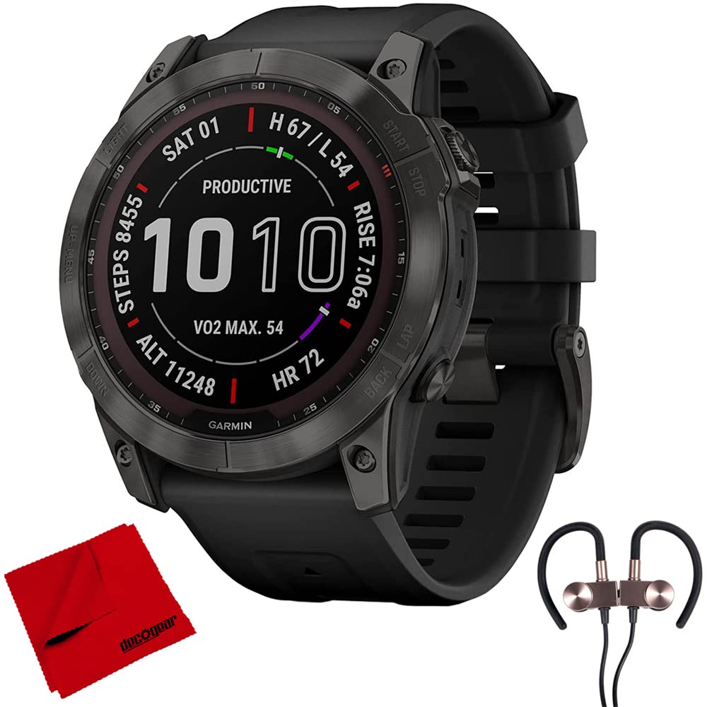 Garmin 010-02541-10 Fenix 7X Sapphire Solar Smartwatch - Carbon Gray DLC Titanium with Black Band Bundle with Deco Gear Magnetic