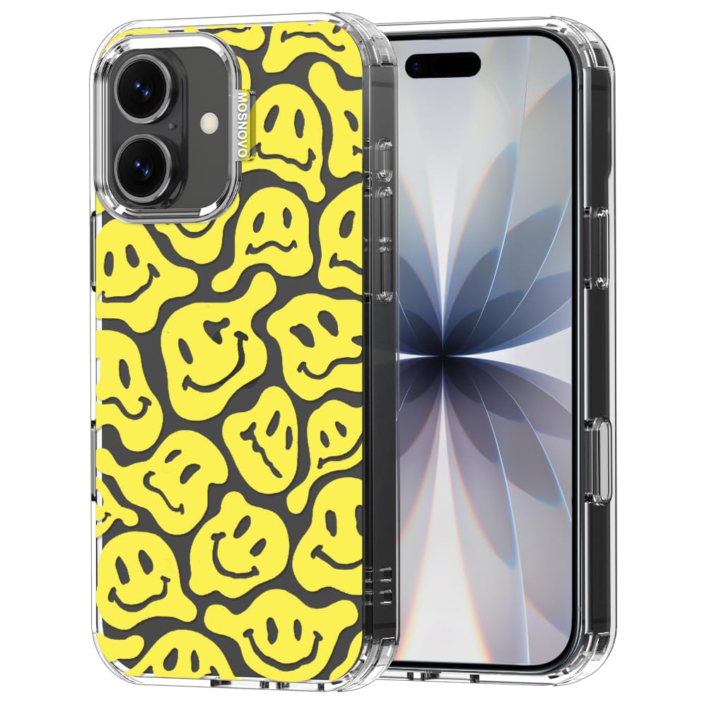 MOSNOVO for iPhone 17 Case | Military Grade 6.6ft Drop Tested | Camera Control | Clear with Melted Yellow Smiles Face Design