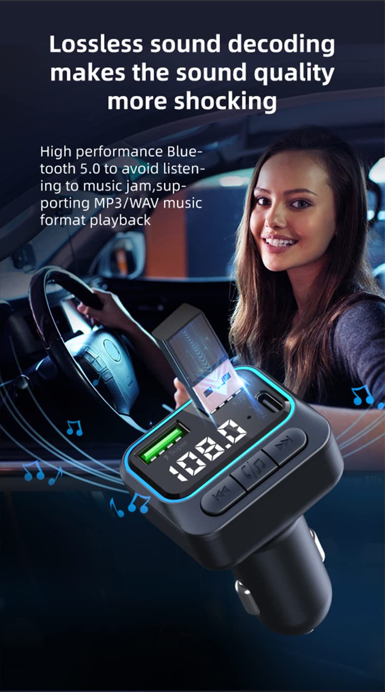 Ohitec Bluetooth 5.0 Fm Transmitter For Car, Hands Free Calling, Led Screens Display, Qc3.0 & Pd 22.5W Quick Charger & Lossless