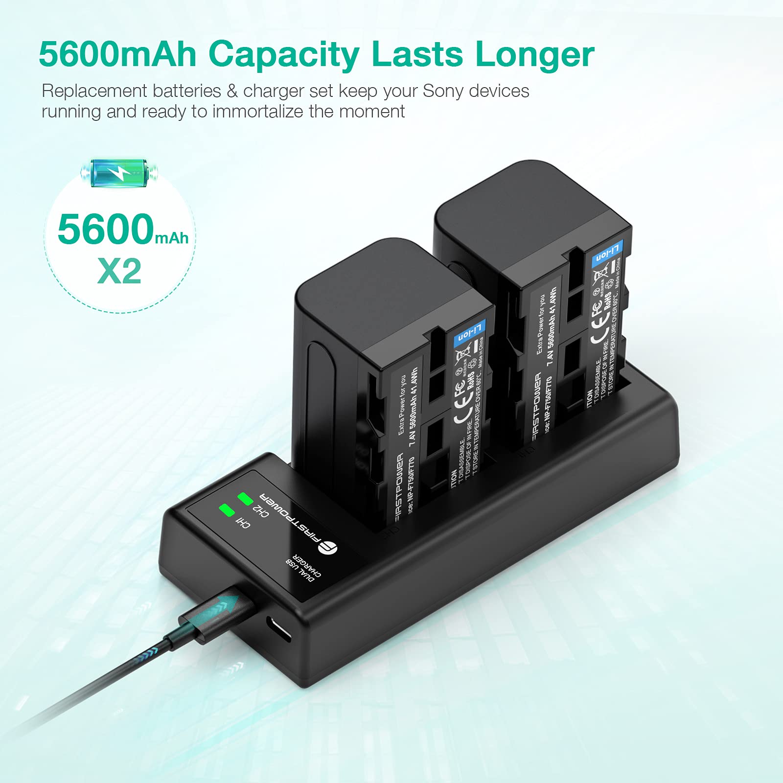 Firstpower Np F750 Battery (2 Pack/5600Mah) And Dual Usb Charger For Sony Np F550 F570 F750 F770 F960 F970 Battery Sony Ccd Trv2
