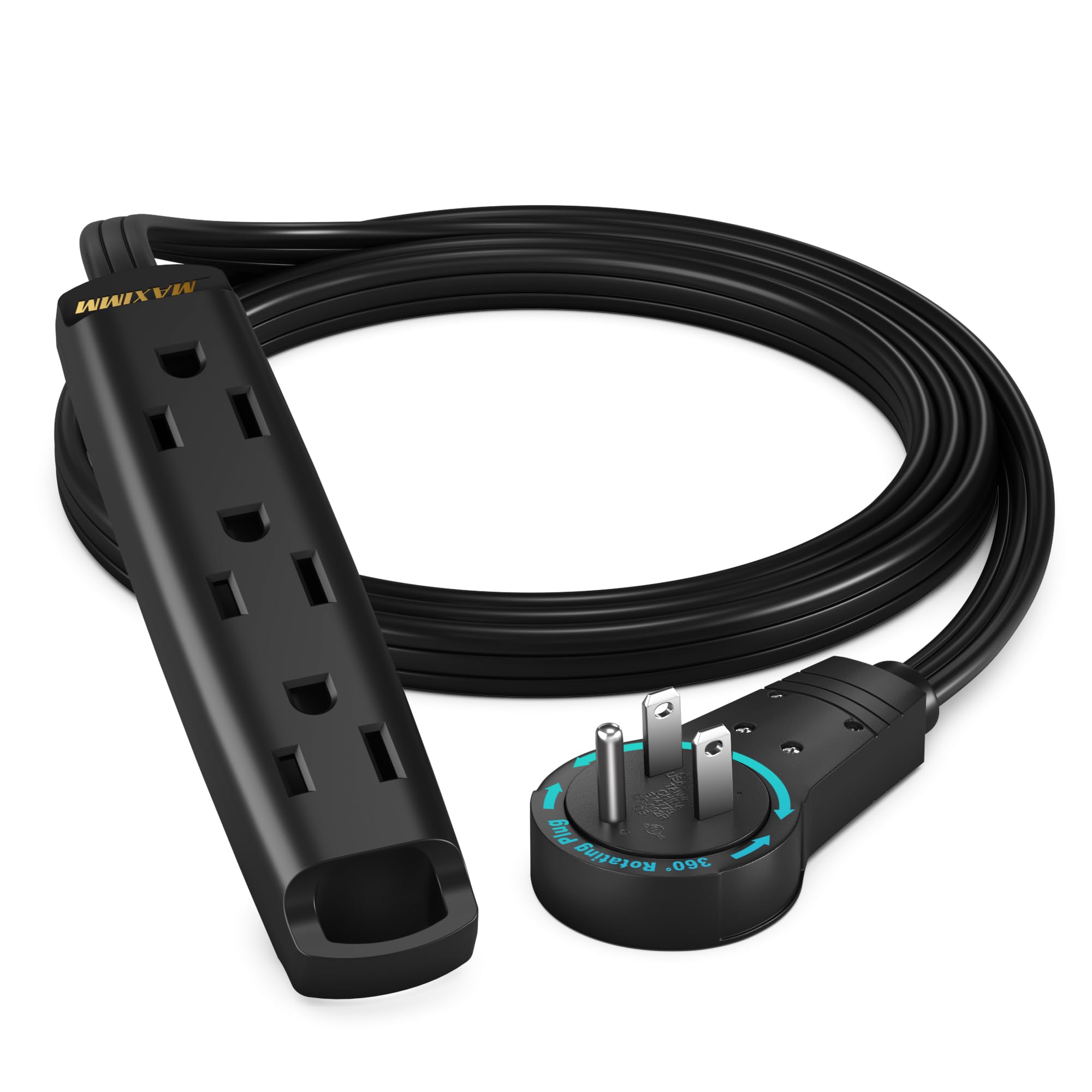 Maximm 360 Degree Rotating Flat Extension Cord 3 Ft Multi 3 Outlet Power Cord With Loop, Grounded 16 Awg Ul Certified, Black