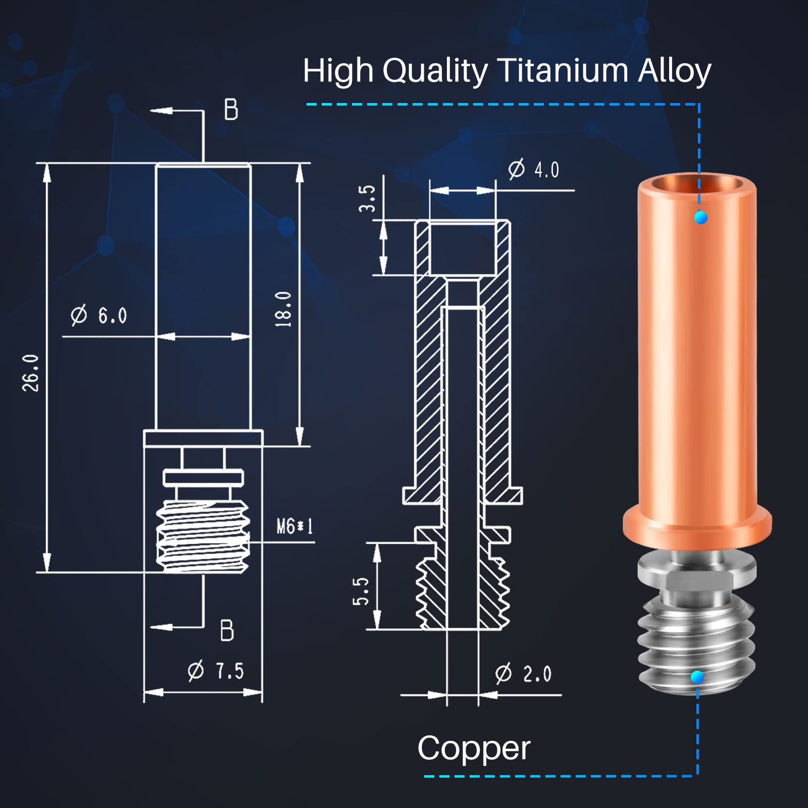 Unitak3D I3 Mega S Bi Metal Heatbreak All Metal Smooth Tc4 Titanium Alloy Copper Plated Throat Nozzle Compatible With Anycubic I