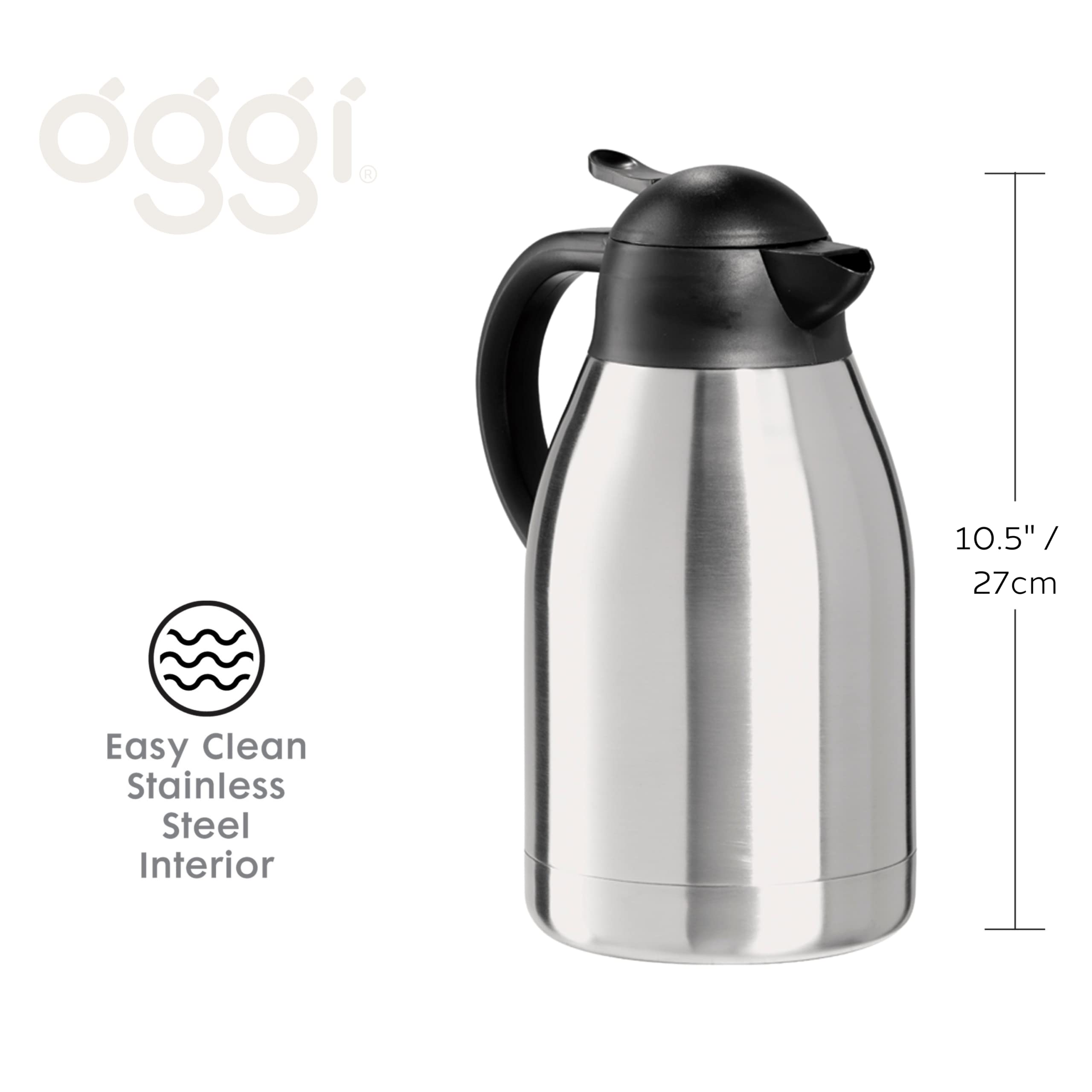 Oggi Catalina 68Oz Stainless Steel Thermal Coffee Carafe  Double Walled Vacuum Container W/Press Button Top, Insulated Coffee Carafe, Thermos Carafe, Coffee Urn, Hot Beverage Dispenser, 2 Liters