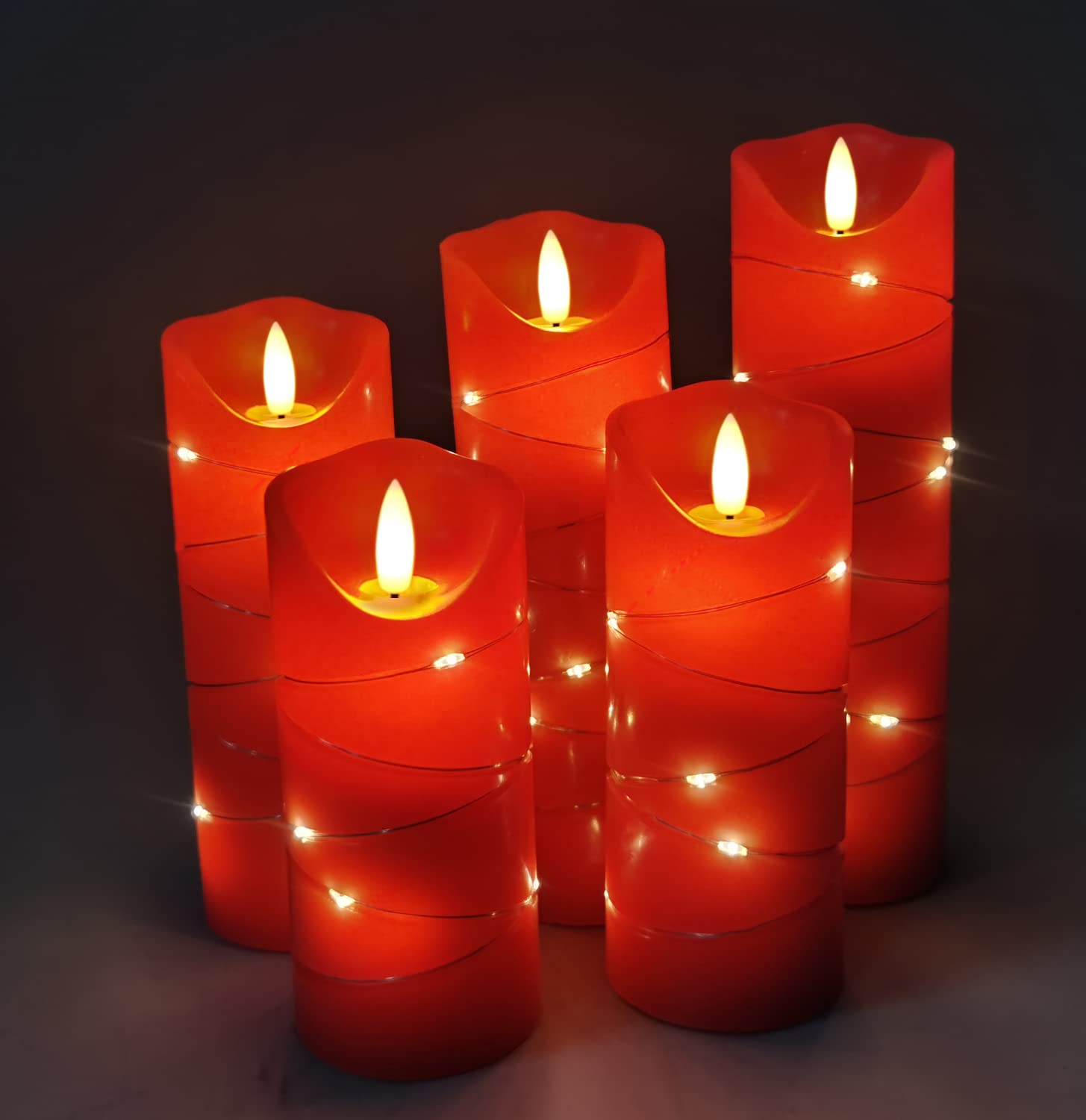 Danip Red Led Flameless Candle With Embedded Star String, 5Piece Led Candle With 11 Button Remote Control, 24 Hours Timer Functi
