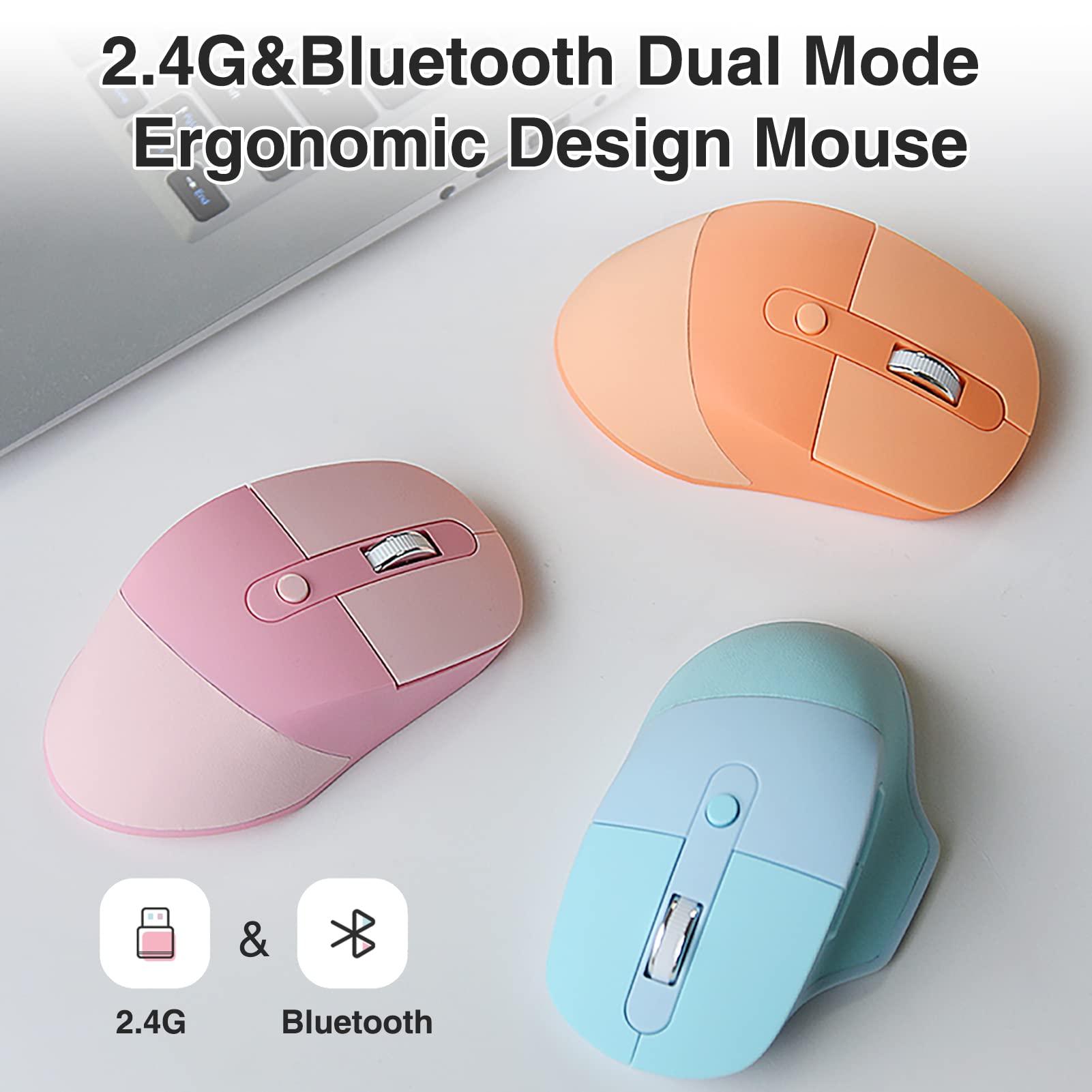 Lomiluskr Ergonomic 2.4G & Bluetooth Dual Mode Wireless Mouse With Pu Cover, Soundless Keys, Candy Colors, Compatible With Noteb