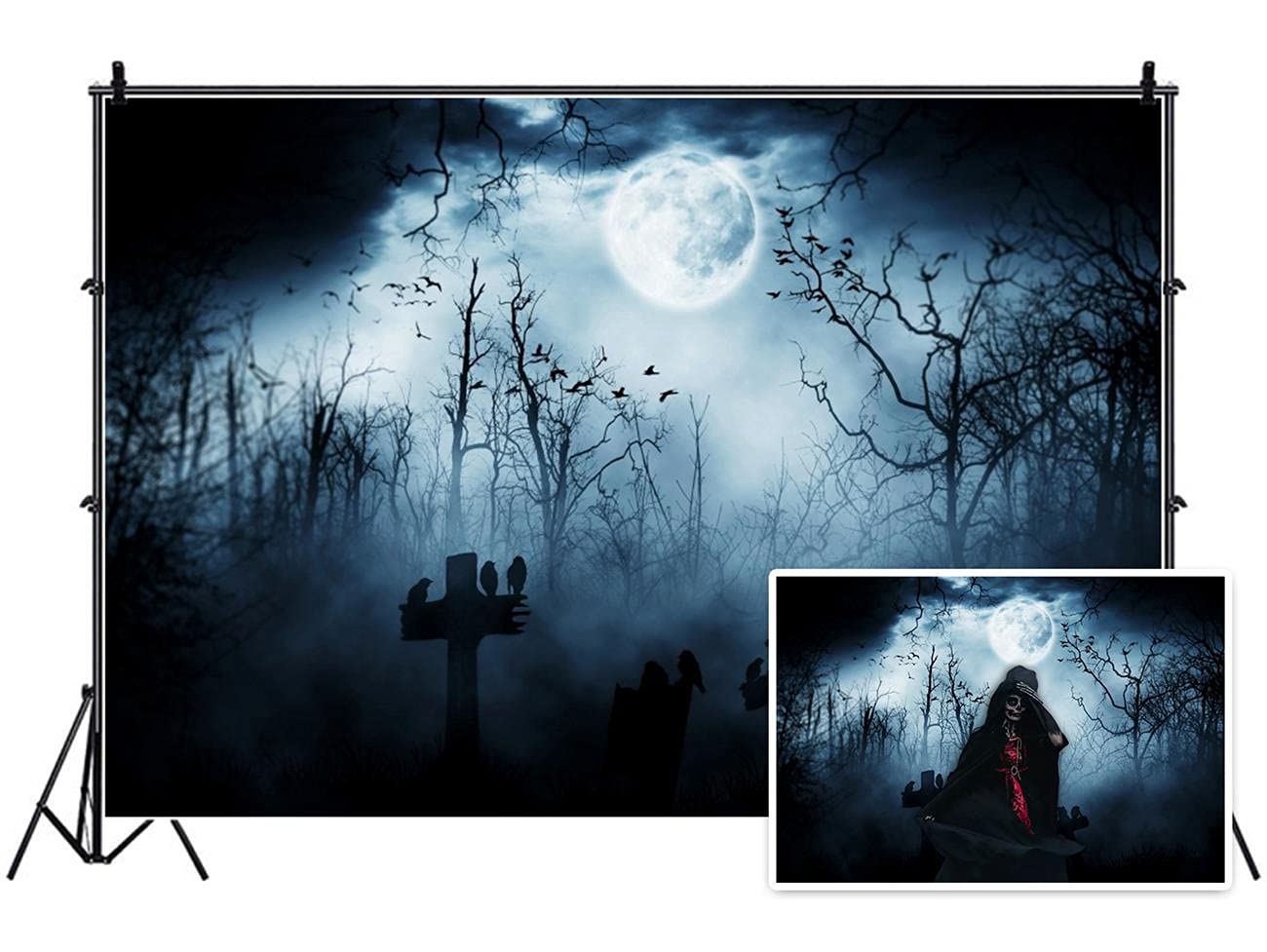 Aofoto 7X5Ft Moon Night Halloween Cemetery Photography Backdrop Flying Bats Birds Stand On Gravestone Cross Graveyard In Dark Fo