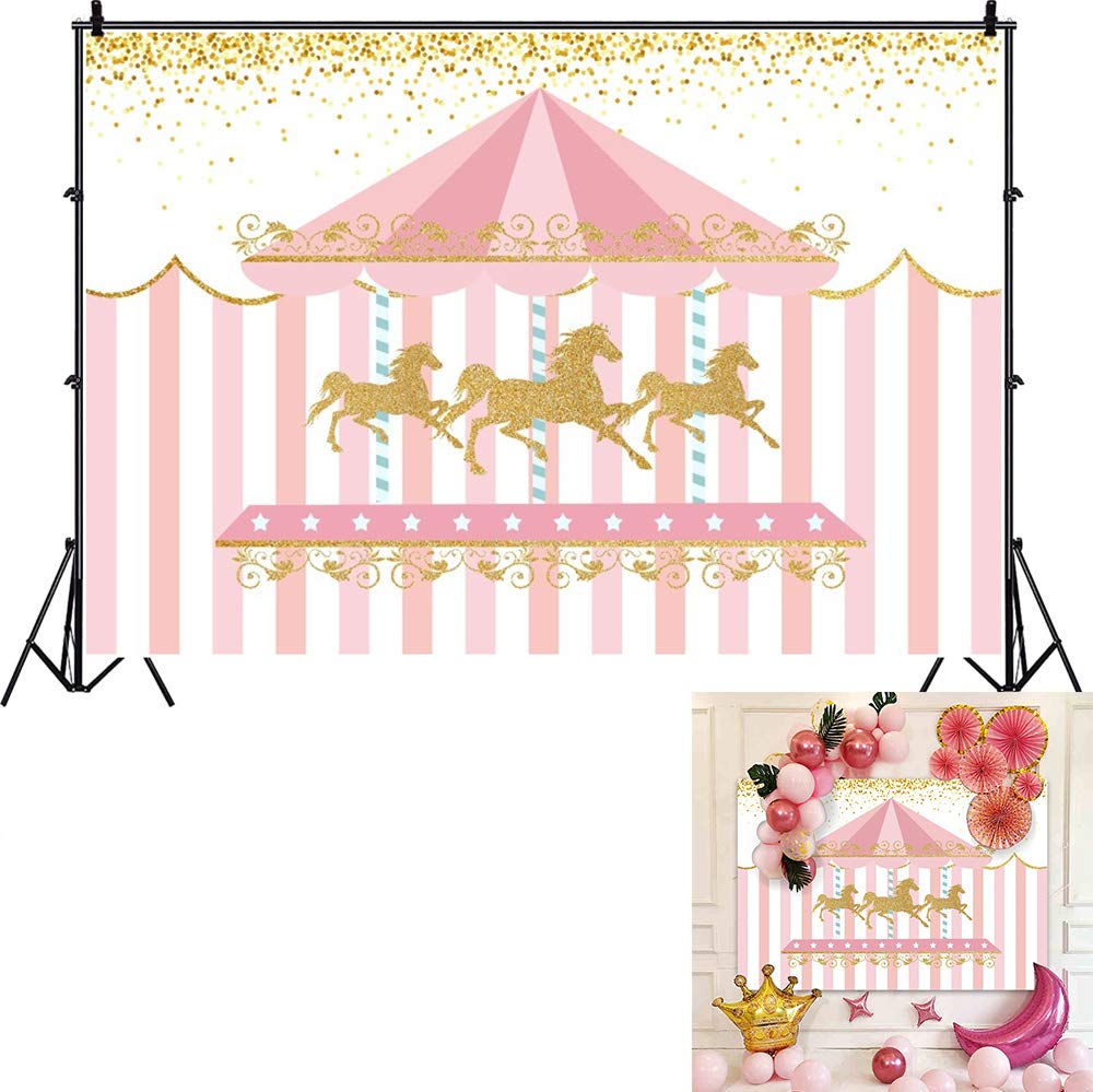 Dashan 7X5Ft Polyester Carousel Backdrop Gold Sequins Pink Stripe Photography Background Baby Girl 1St Birthday Cake Smash Baby