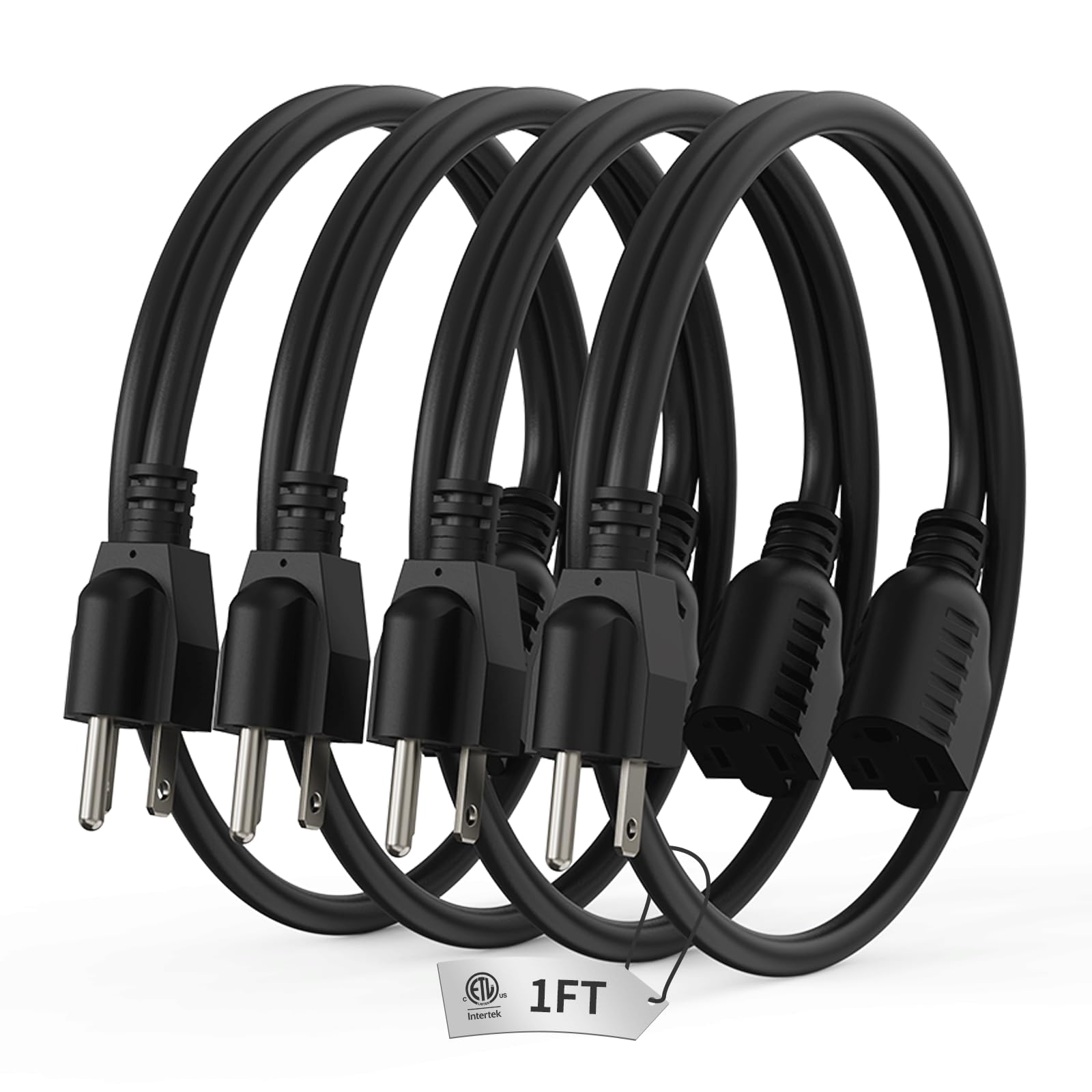 Plugtul 1 Ft Extension Cord Black, 4 Pack Short Power Cord, Indoor/Outdoor 16 Gauge 3 Prong Grounded Wire Etl Listed, 13A 1625W