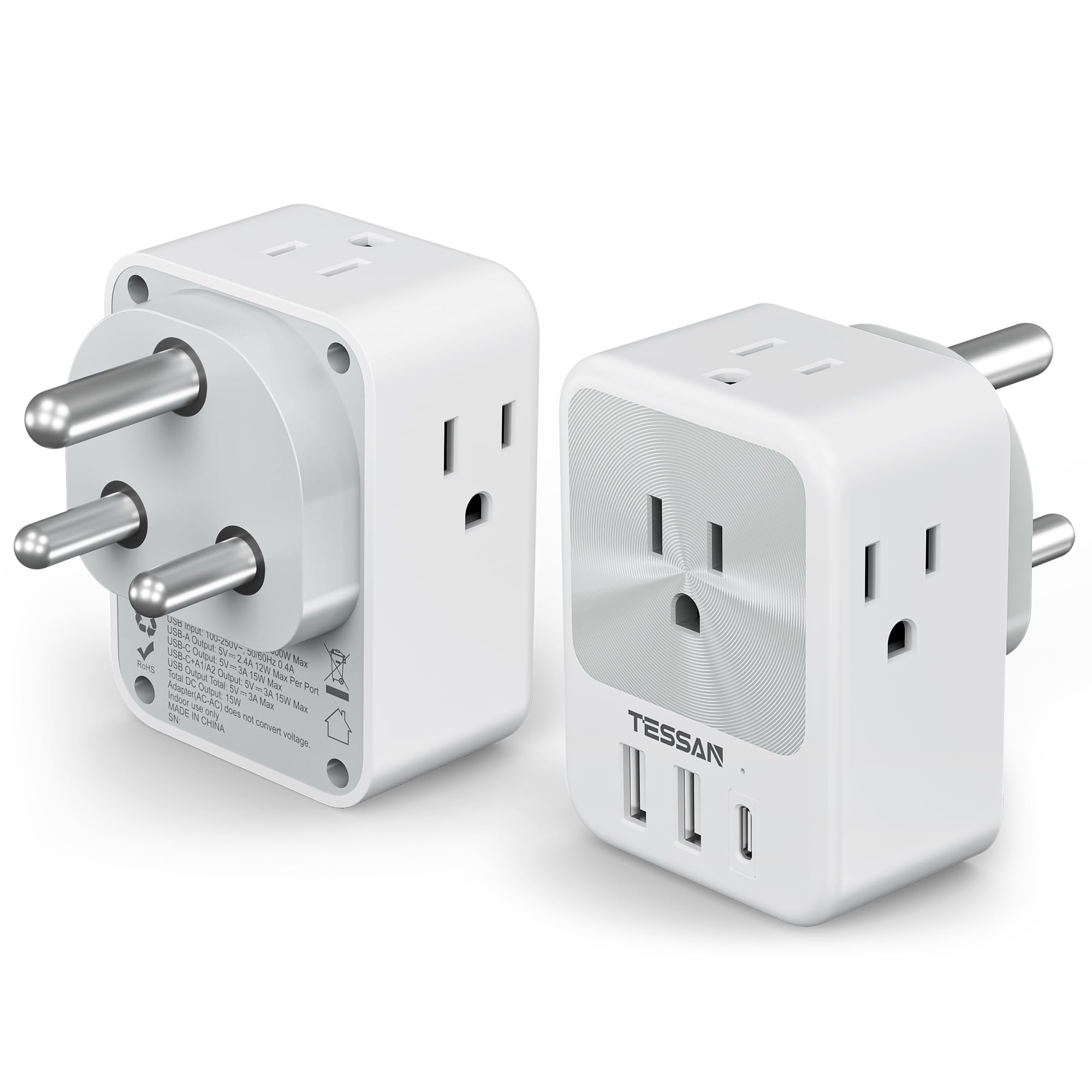 Us To India Plug Adapter 2 Pack, Tessan Type D Travel Adapter With 4 Ac Outlets 3 Usb Ports (1 Usb C), 7 In 1 India Travel Plug