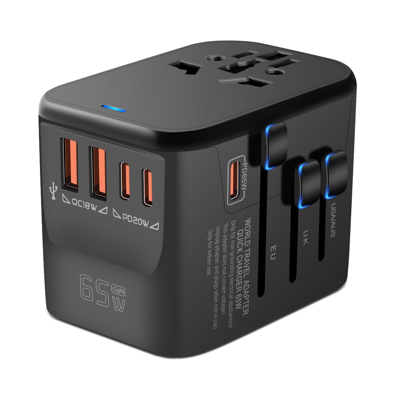 Mingtong Universal Travel Adapter, Gan 65W International Plug Adapter, 3 Pd Usb C & 2 Qc Usb A Fast Charging Ports, Worldwide Po
