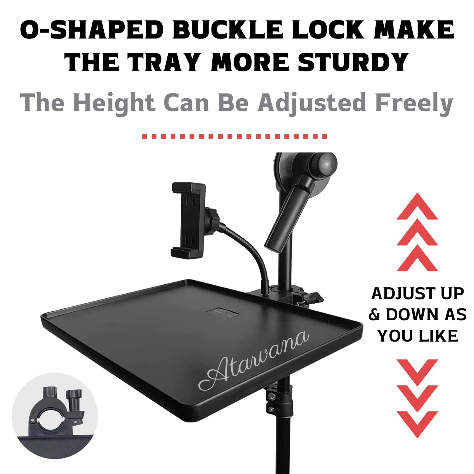 Universal Microphone Stand Tray With Phone Holder, Mic Stand Clamp On Utility Shelf Rack Tray Holder For Music Sheet, Live Strea
