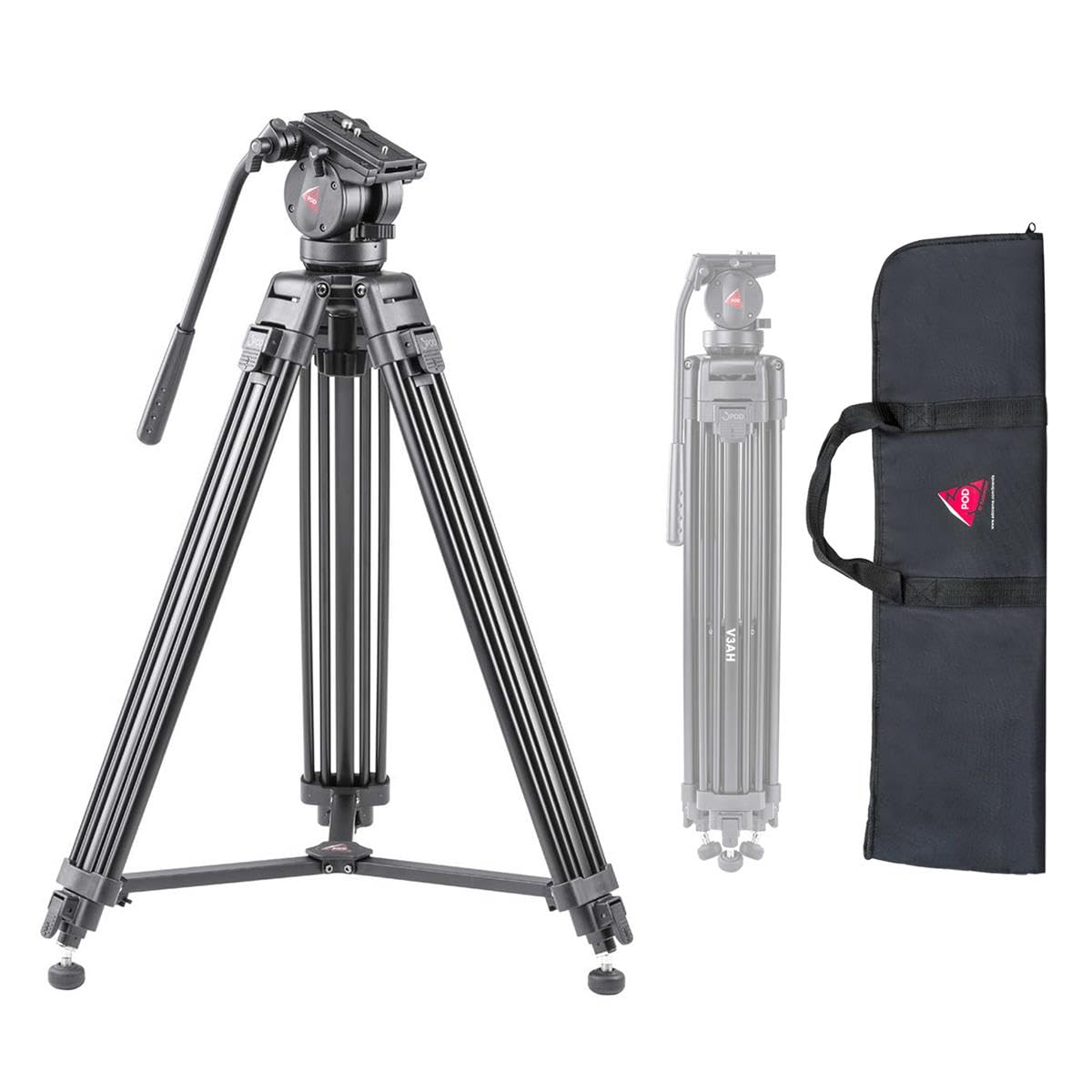 3Pod V3Ah 3 Section Aluminum Video Tripod For Camera, Professional Camera Tripod With 2 Way Fluid Head, Mid Level Spreader, Quick Release Plate, Max Load 8.8 Lbs., 61' Max Height Heavy Duty Tripod