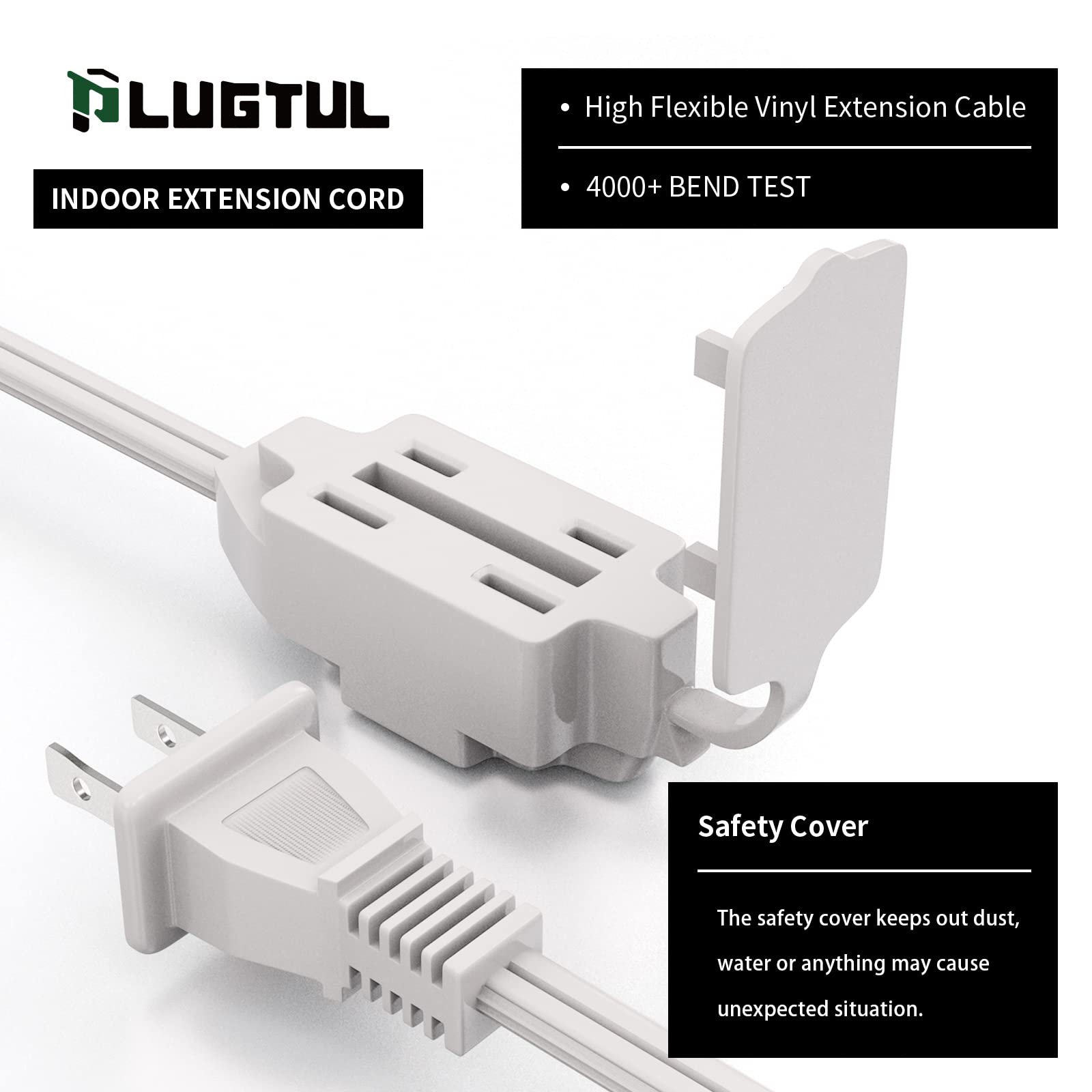 Plugtul Indoor White Extension Cord 15 Feet, 3 Outlet Household Extension Cord, 2 Prong, 16 Gauge, 3 Polarized Outlets With Safe