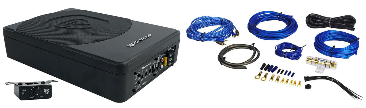 Rockville SS10P 10' 800w Slim Under-Seat Active Powered Car/Truck Subwoofer Sub Bundle RWK81 8 Gauge Complete Amp Installation Wire Kit