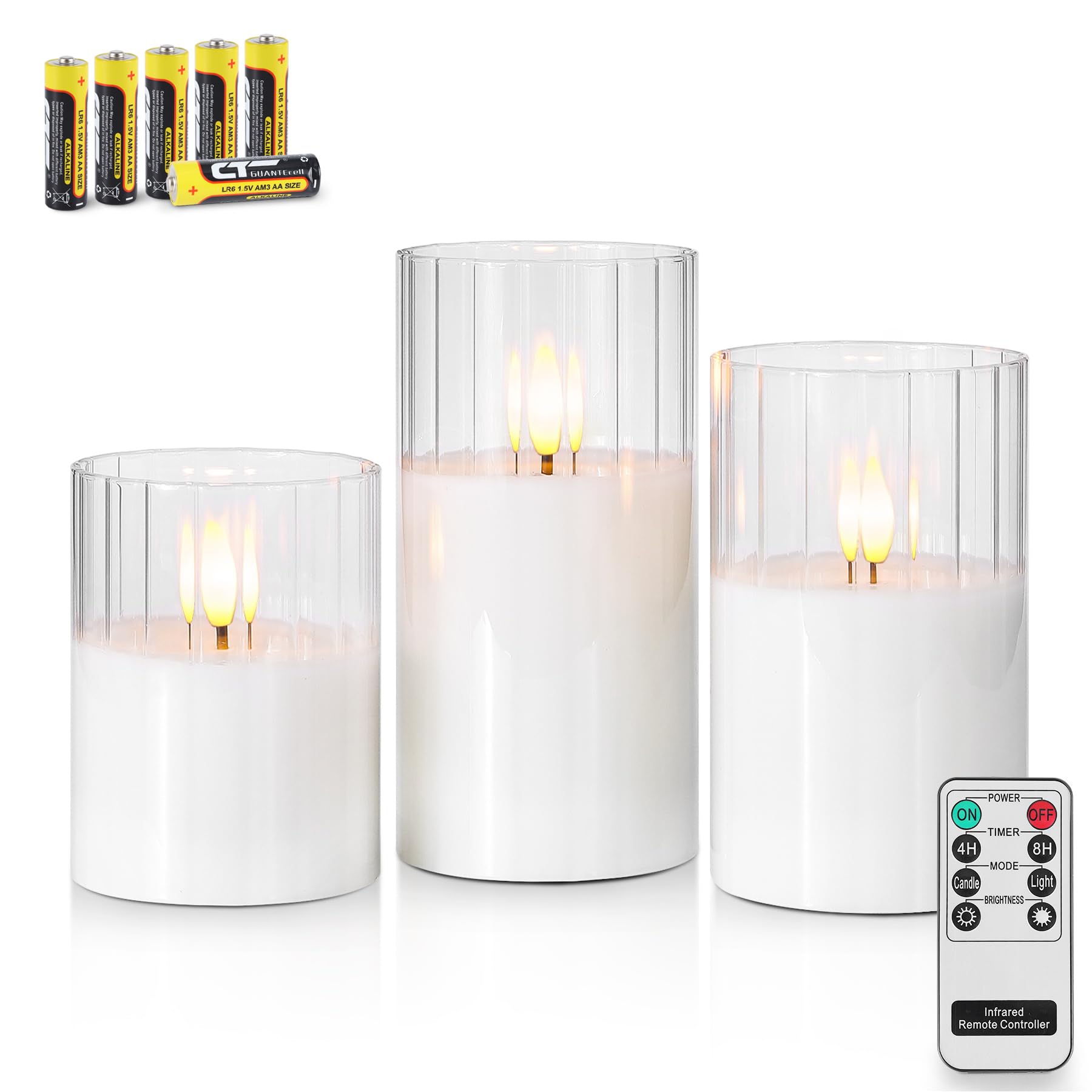 Rhytsing Clear Ribbed Glass Battery Operated Led Candles With Remote, White Flameless Candle Gift Set With Timer For Weddings An