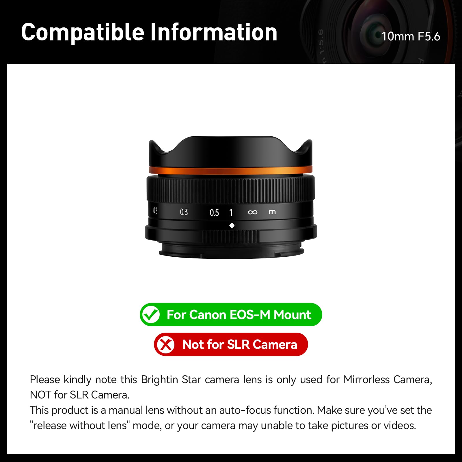 Brightin Star 10Mm F5.6 Fisheye Manual Focus Prime Lens For Canon Eos M Mount Mirrorless Cameras, Aps C Ultra Wide Angle Fixed L
