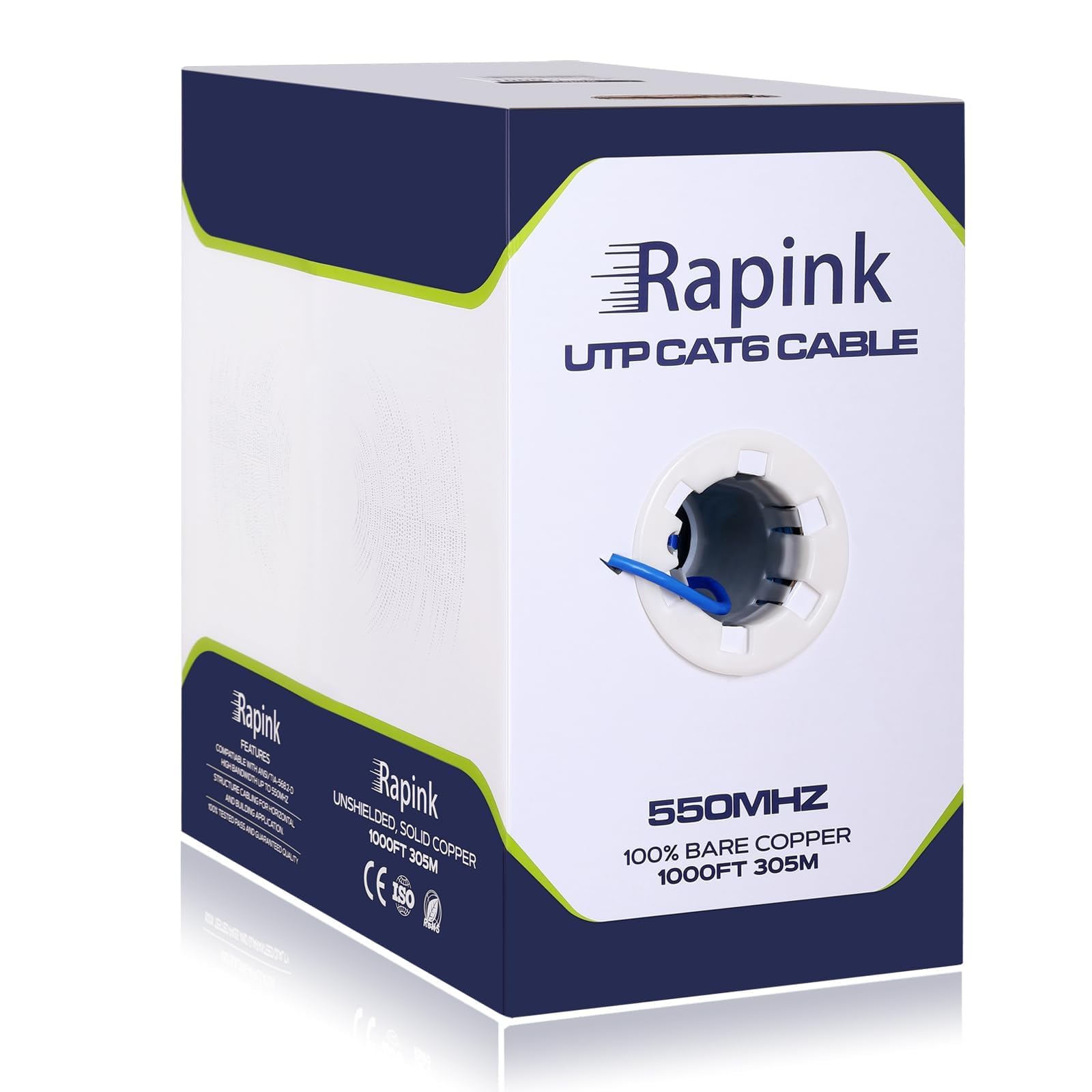 Rapink Cat6 Ethernet Cable 1000ft, Cat6 ethernet Cable 23AWG Solid Bare Copper 10G Support, UTP cat6 Cable 550MHZ, cat 6 Cable 1